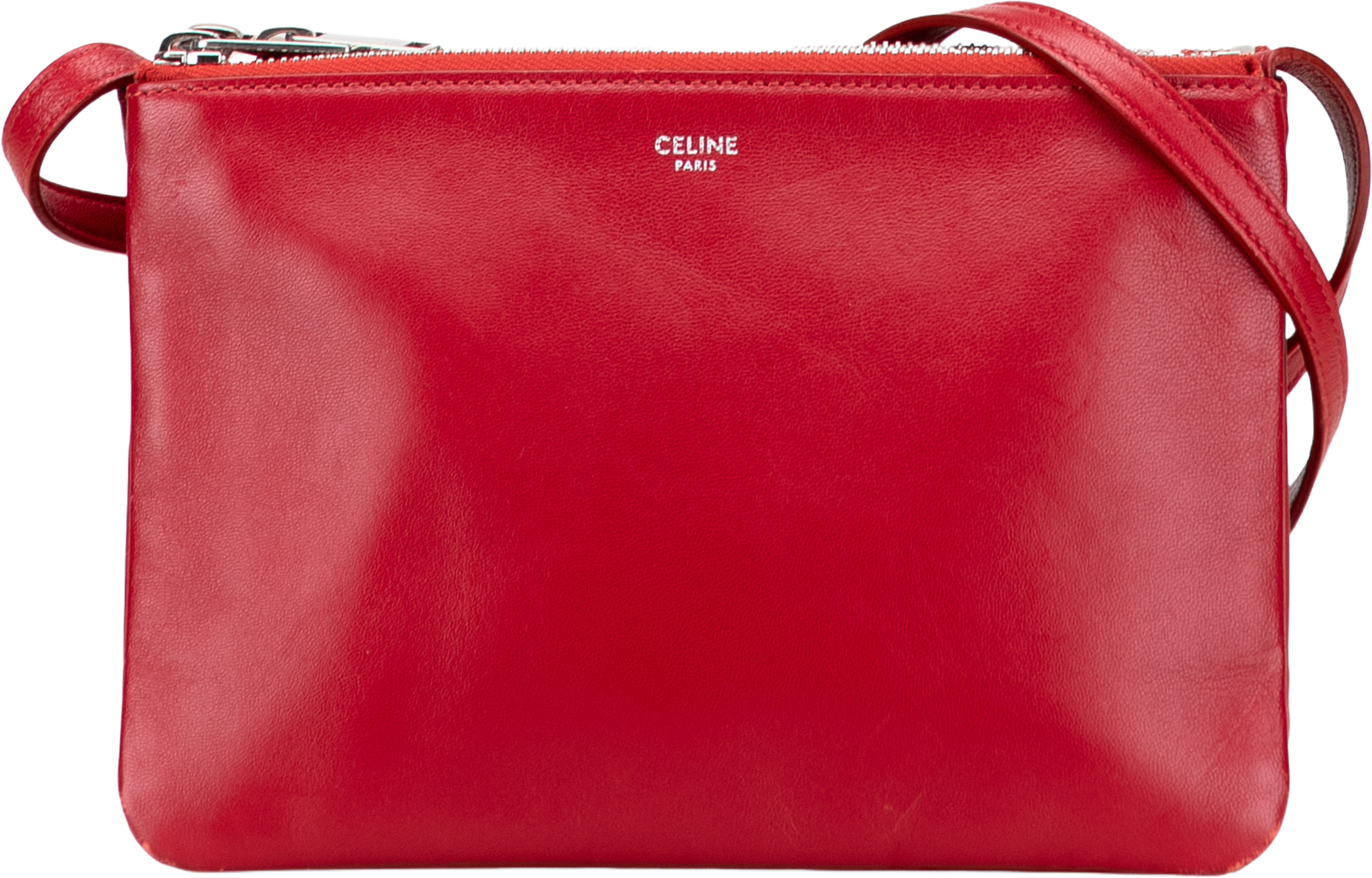 Celine Small Lambskin Trio Crossbody, från Luxclusif, i färgen red. Klicka för att öppna bilden i stort format