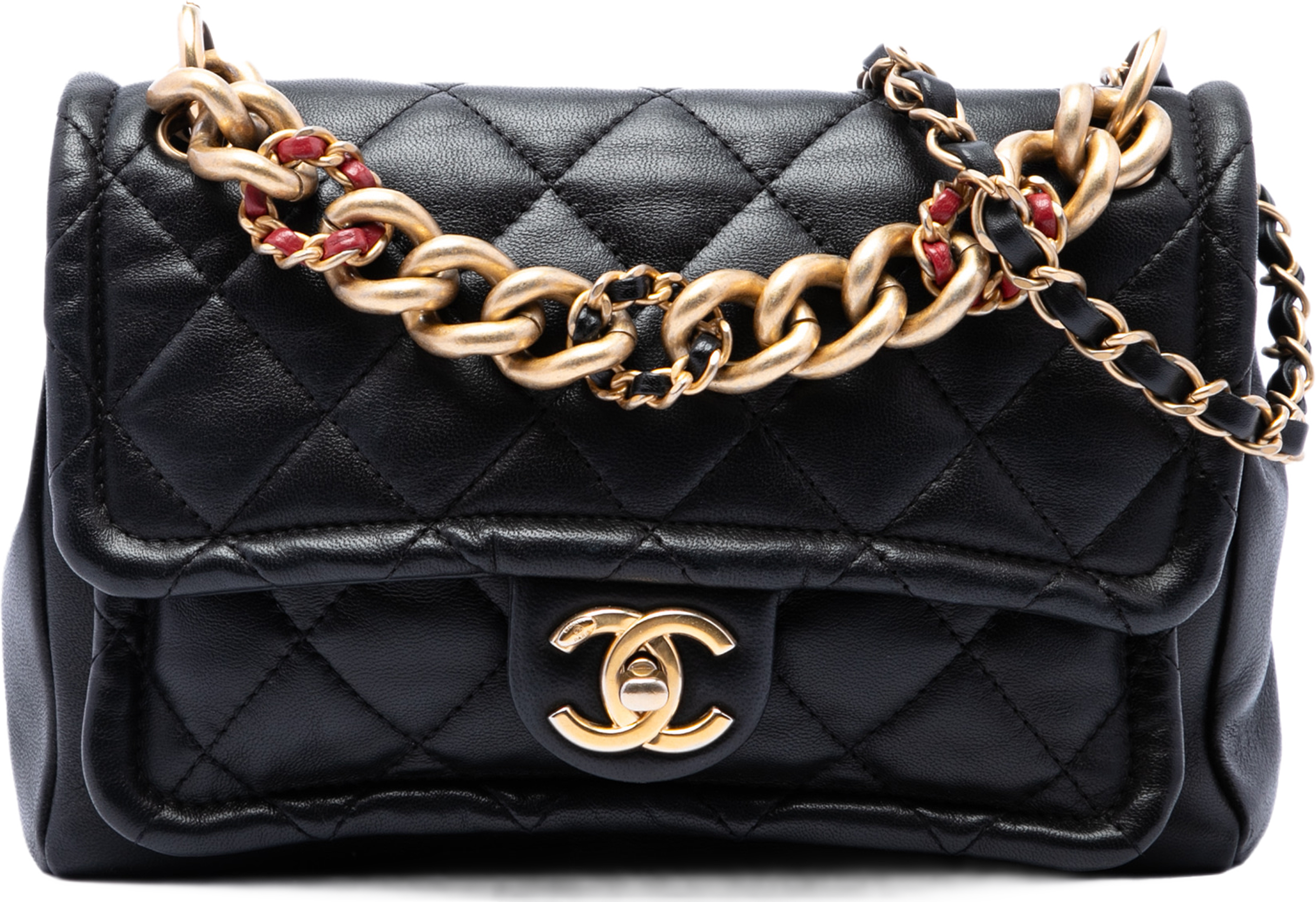 Chanel Small Quilted Lambskin Chain Link Flap, från Luxclusif, i färgen svart. Klicka för att öppna bilden i stort format