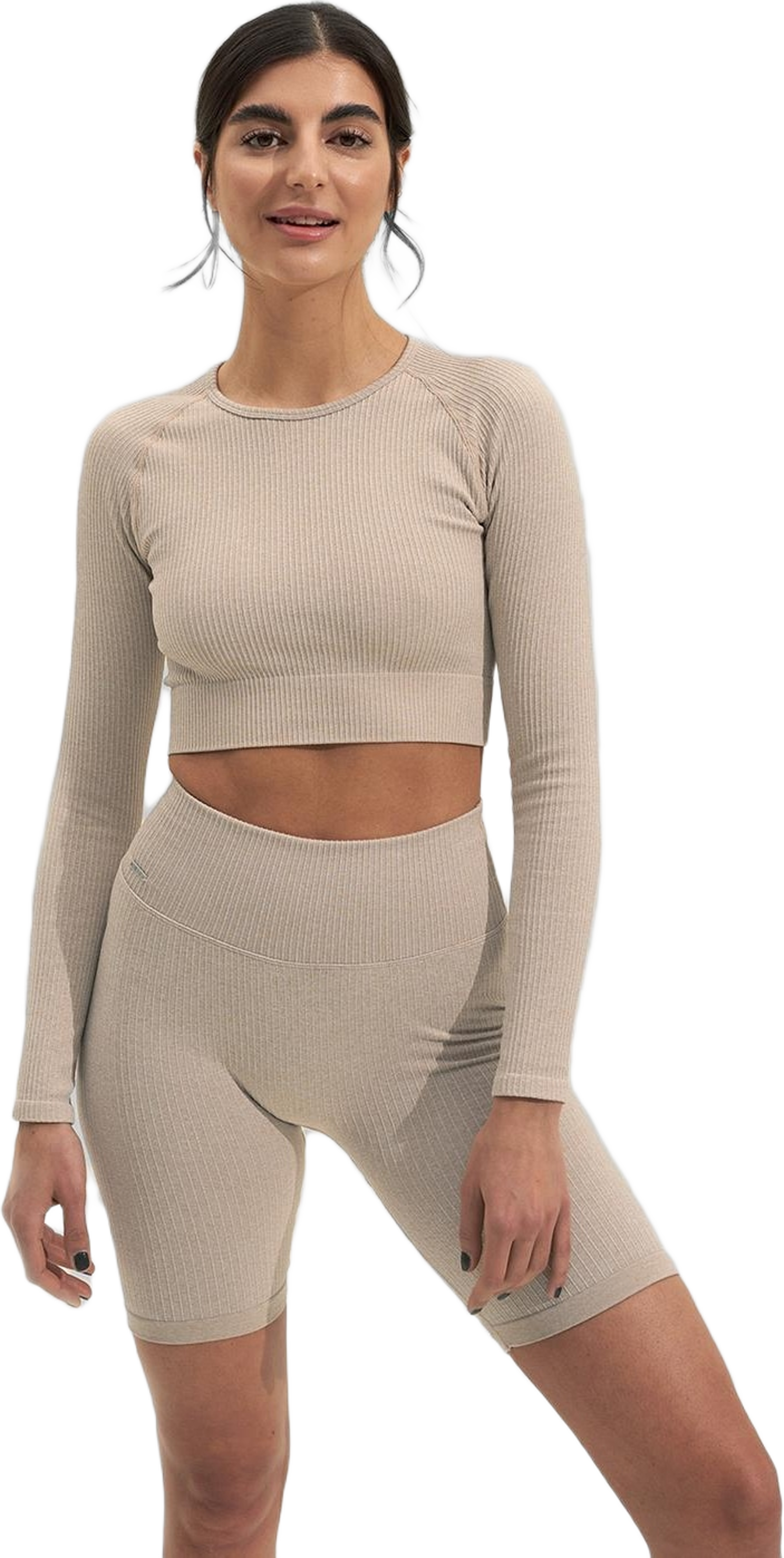 Beige Melange Ribbed Seamless Biker Shorts