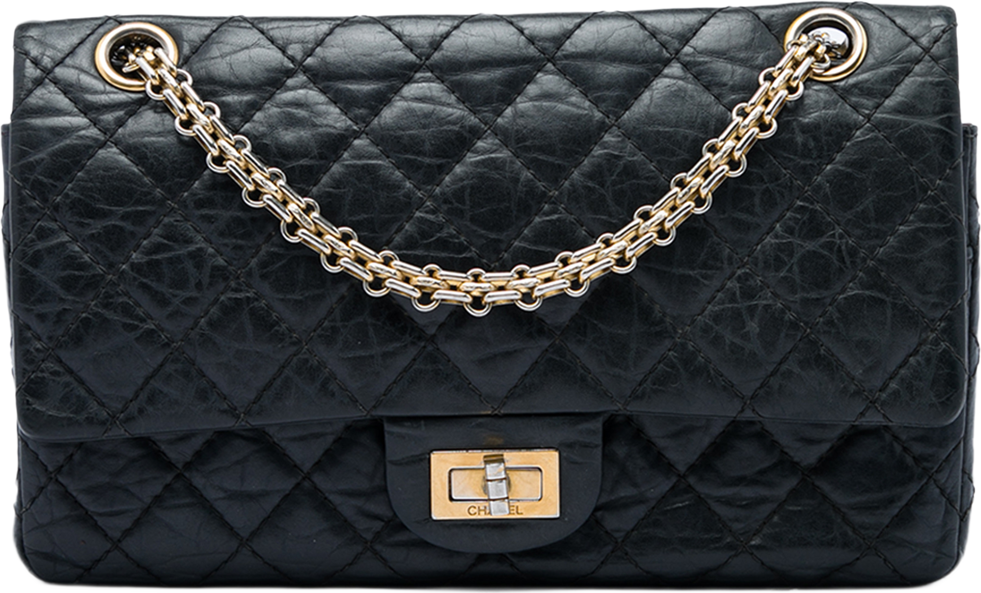 Chanel Quilted Aged Calfskin Reissue 2.55 Double Flap 225, från Luxclusif, i färgen svart. Klicka för att öppna bilden i stort format