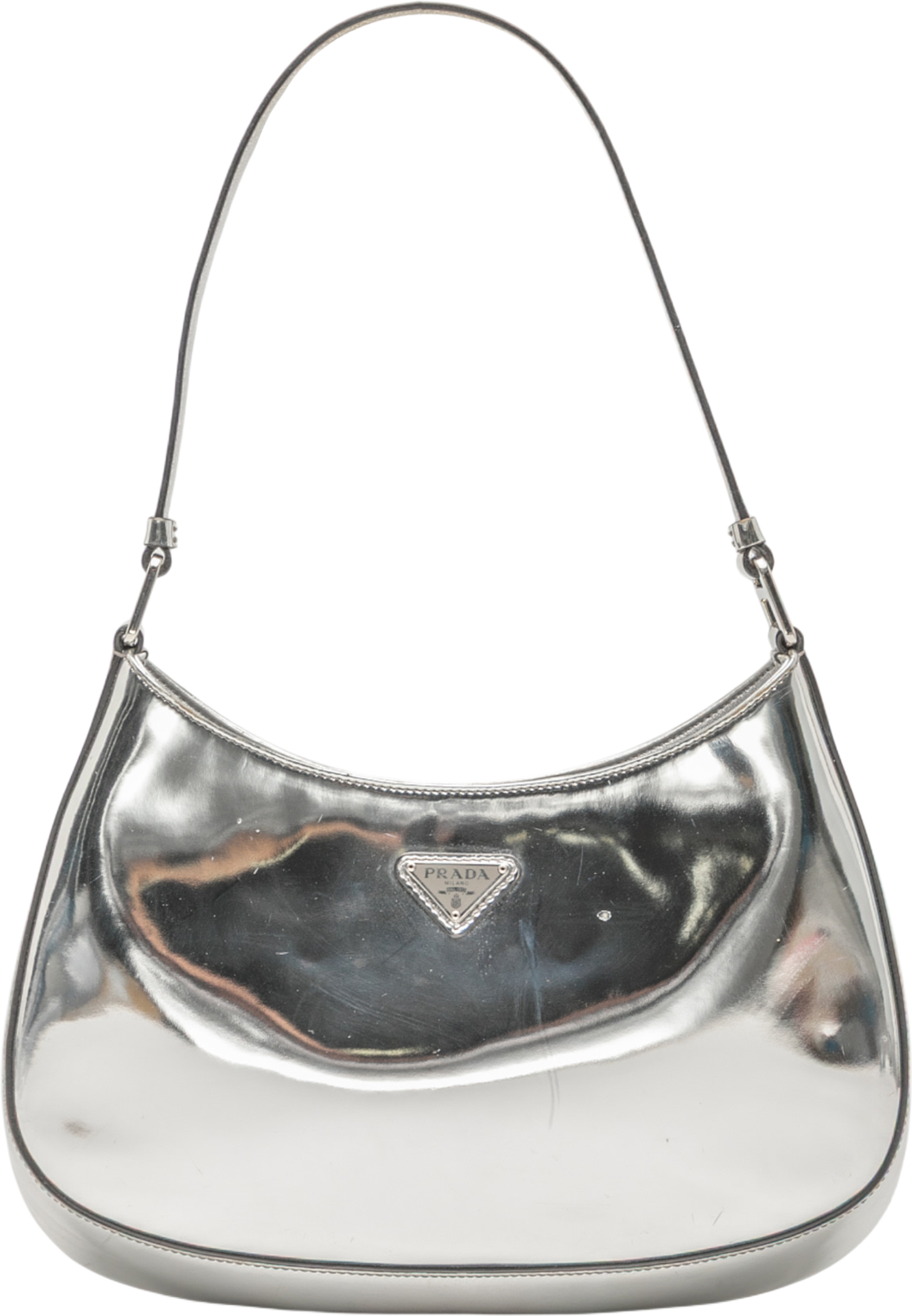 Prada Brushed Leather Cleo Shoulder Bag, från Luxclusif, i färgen silver. Klicka för att öppna bilden i stort format