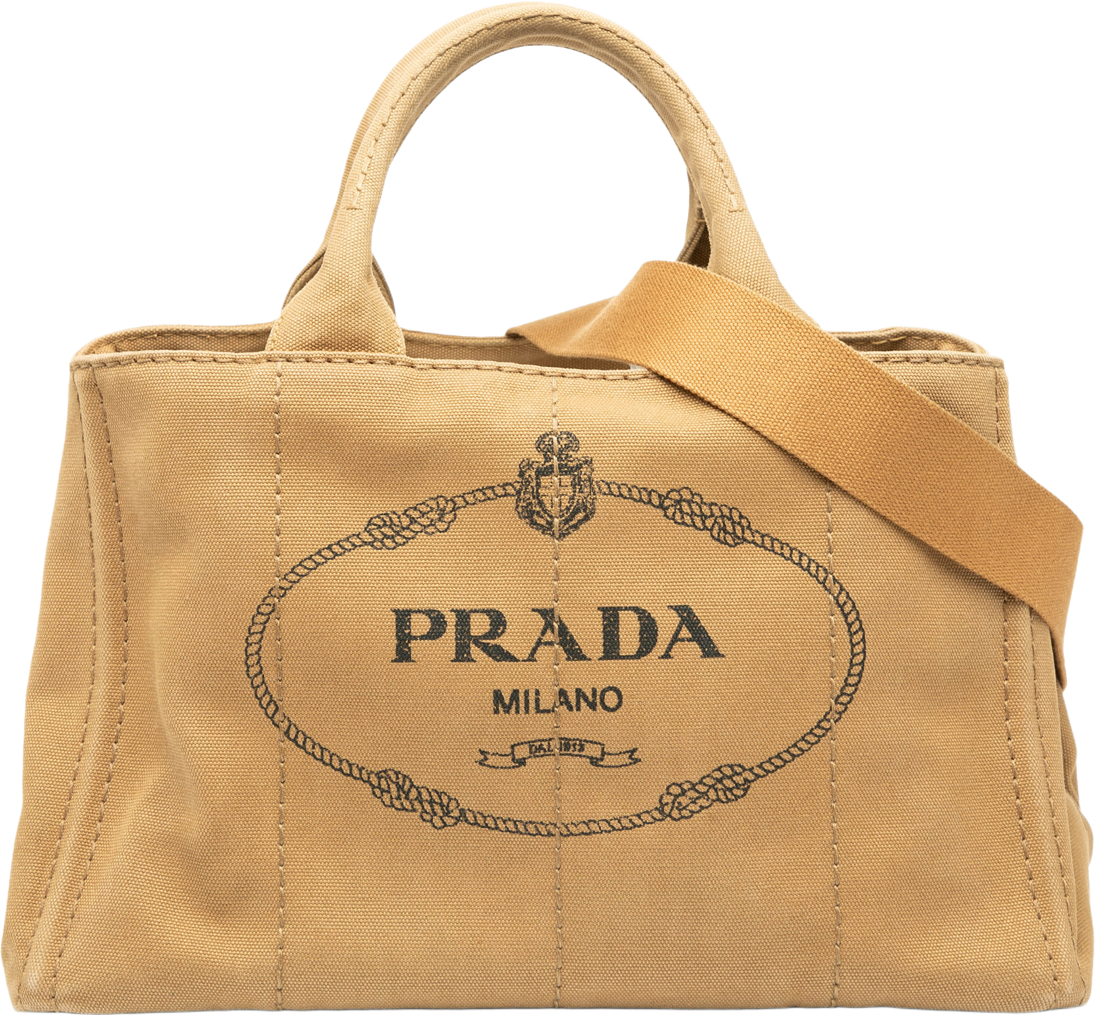 Prada Canvas Canapa Logo Satchel, från Luxclusif, i färgen light brown. Klicka för att öppna bilden i stort format