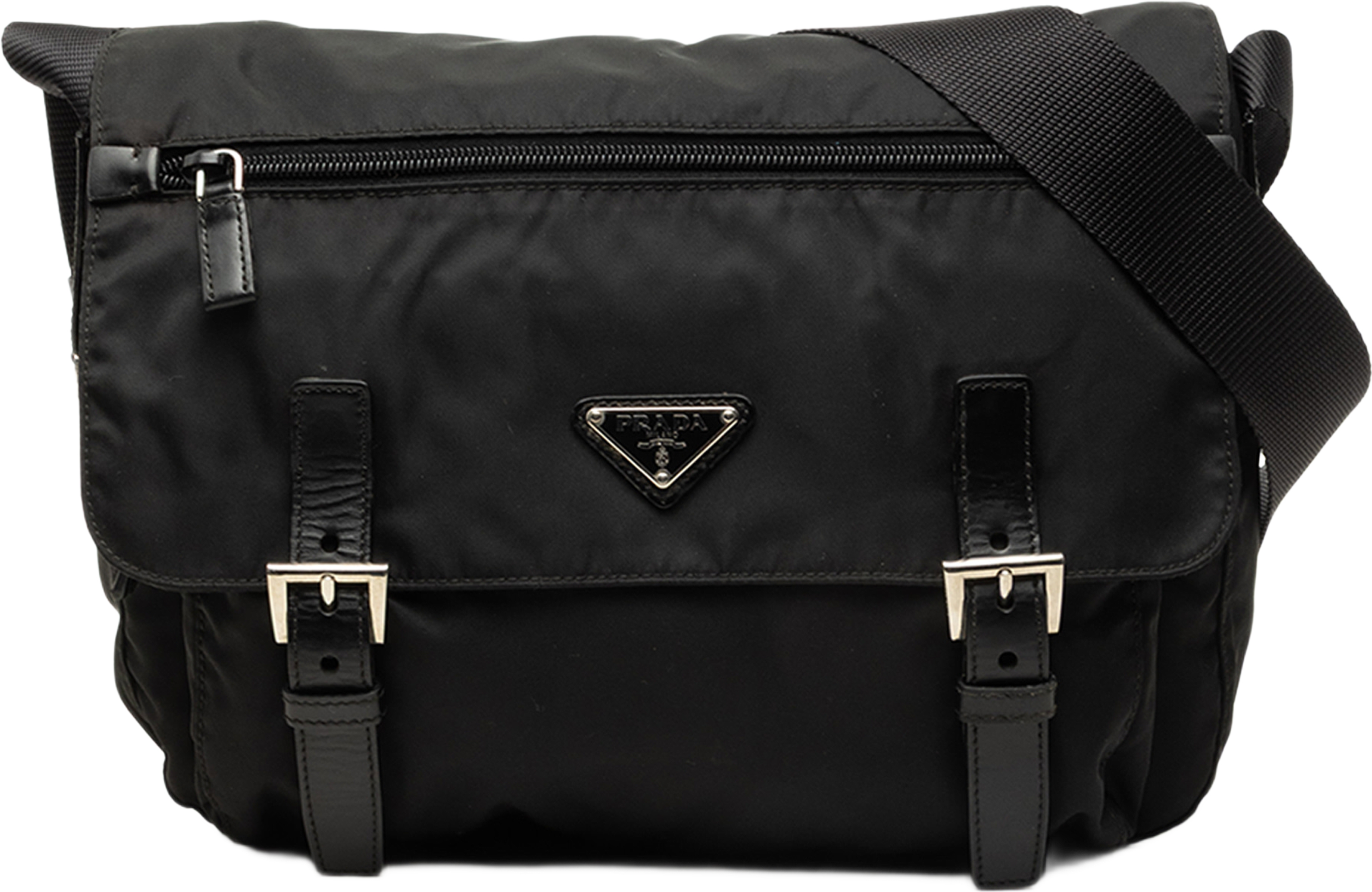 Prada Tessuto Zip Double Buckle Messenger Bag, från Luxclusif, i färgen svart. Klicka för att öppna bilden i stort format