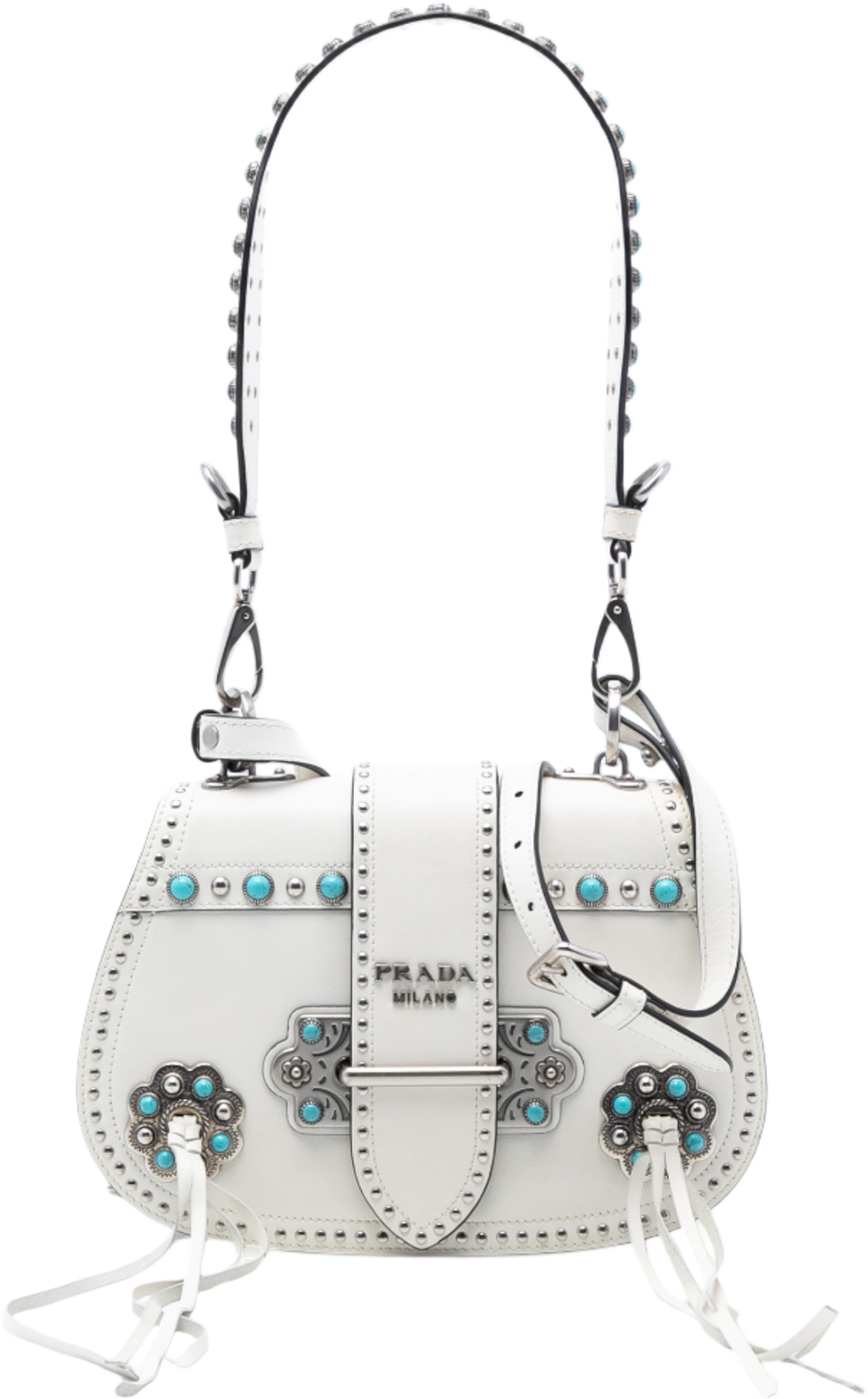 Prada City Calf Studded Folk Corsiere Satchel, från Luxclusif, i färgen white. Klicka för att öppna bilden i stort format