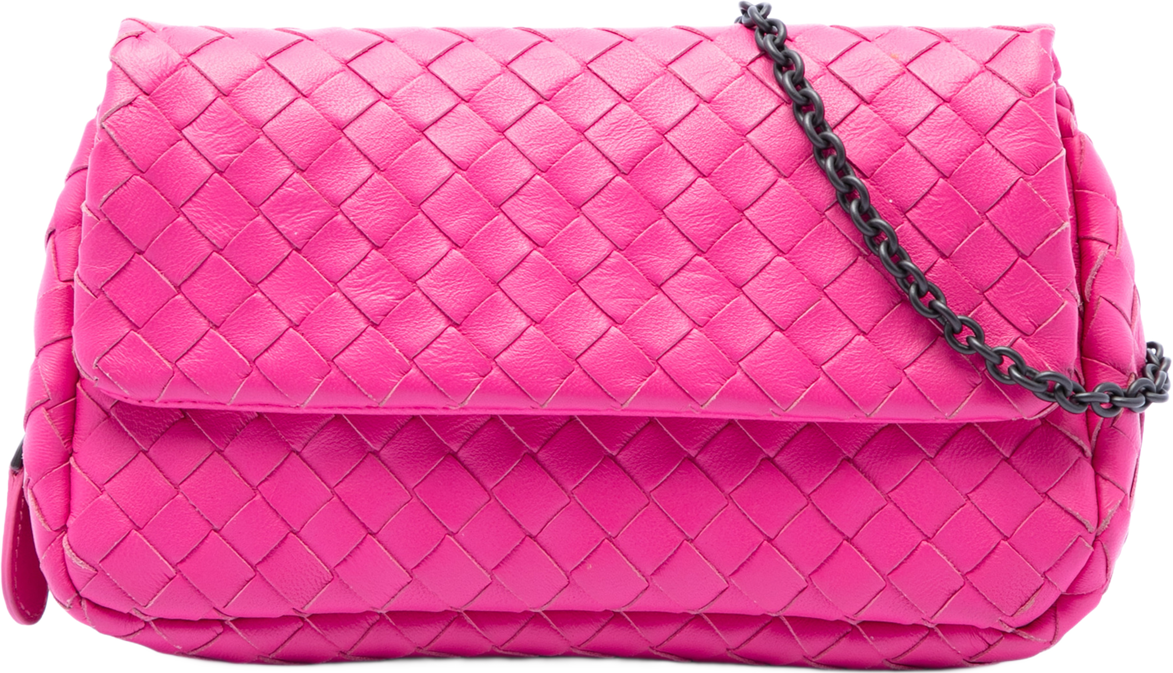 Bottega Veneta Mini Nappa Intrecciato Expandable Chain Flap Crossbody, från Luxclusif, i färgen rosa. Klicka för att öppna bilden i stort format