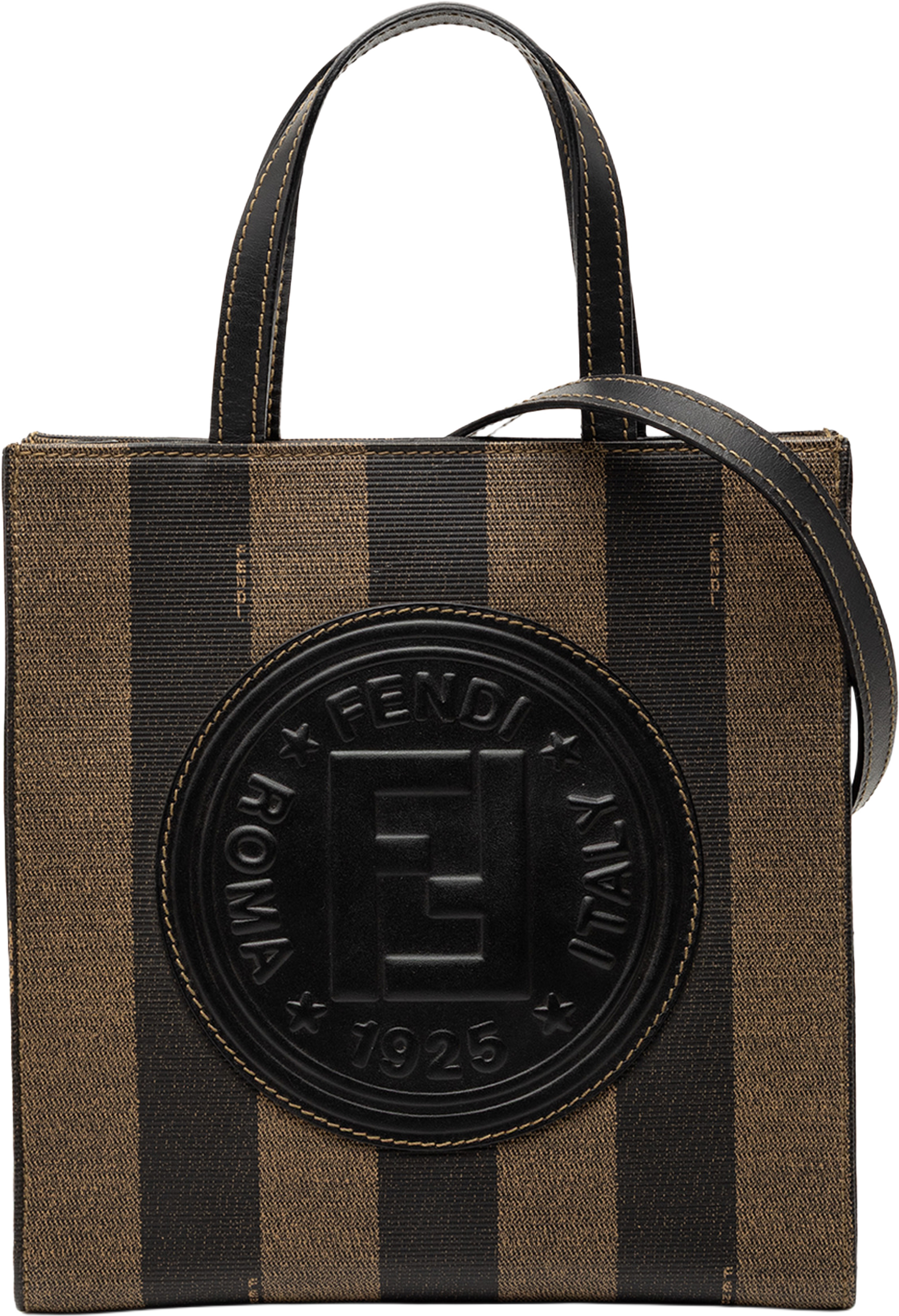 Fendi Pequin Coated Canvas Logo Convertible Tote, från Luxclusif, i färgen brown. Klicka för att öppna bilden i stort format