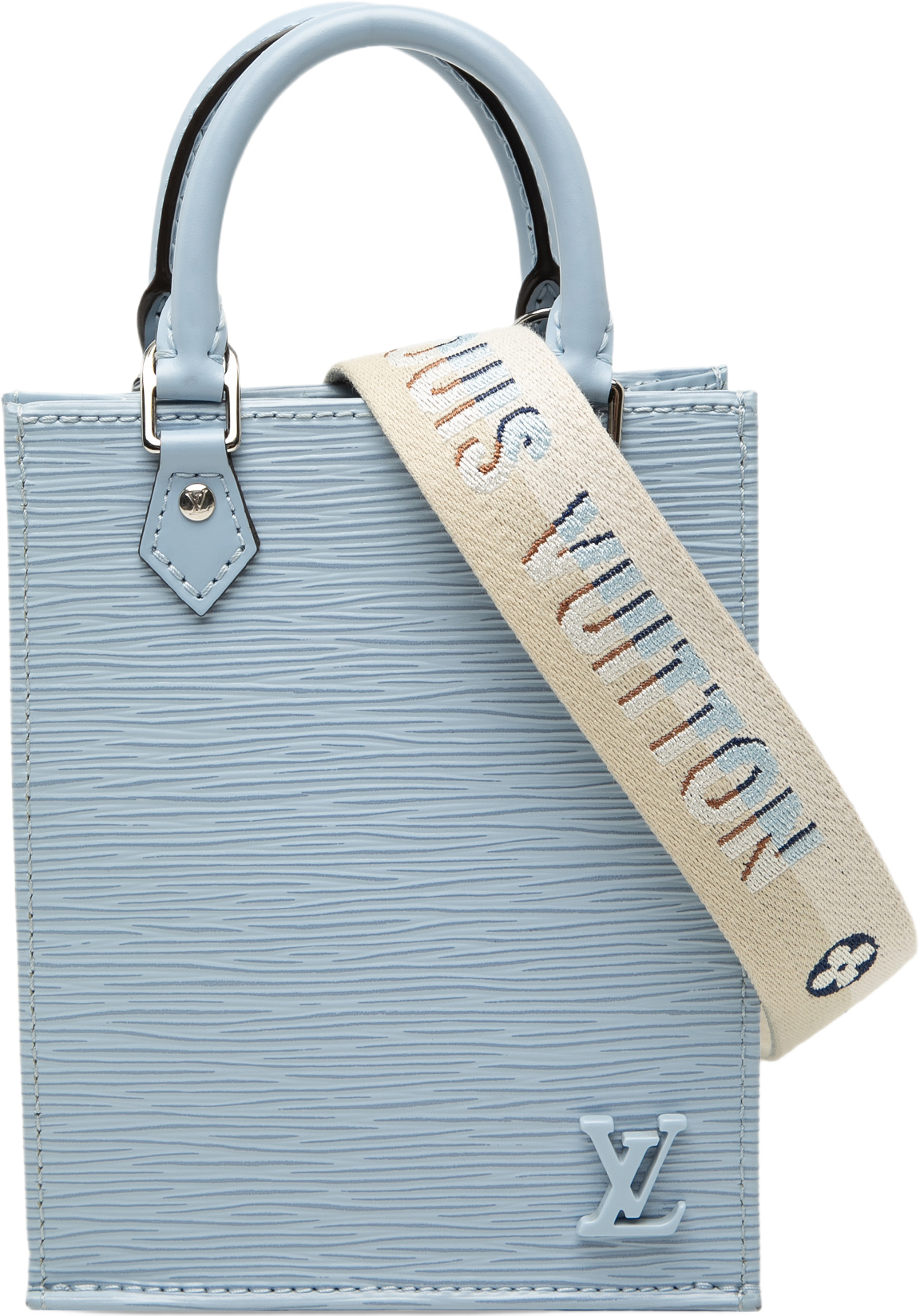 Louis Vuitton Epi Petit Sac Plat, från Luxclusif, i färgen light blue. Klicka för att öppna bilden i stort format