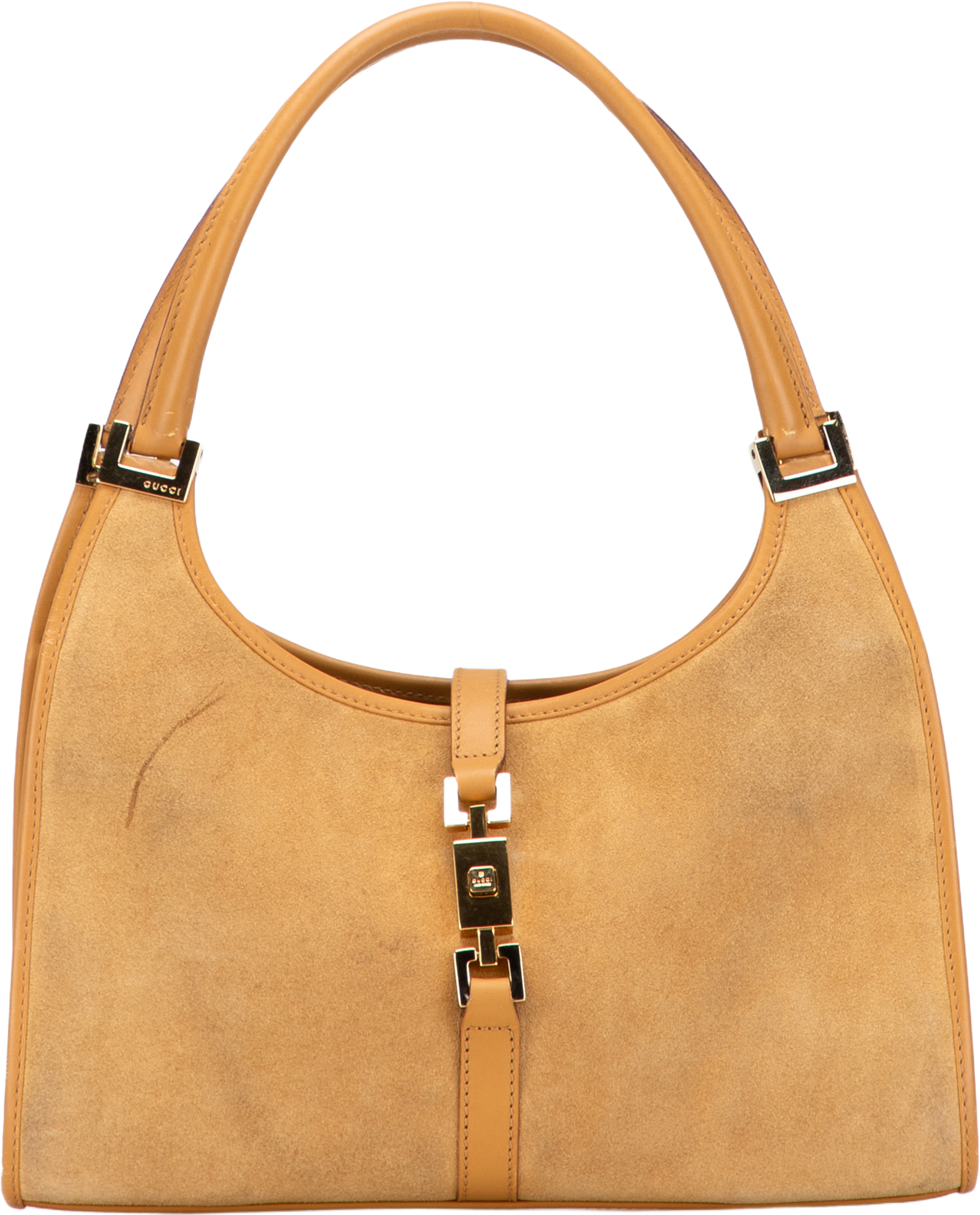Gucci Suede Jackie Bardot Handbag, från Luxclusif, i färgen light brown. Klicka för att öppna bilden i stort format