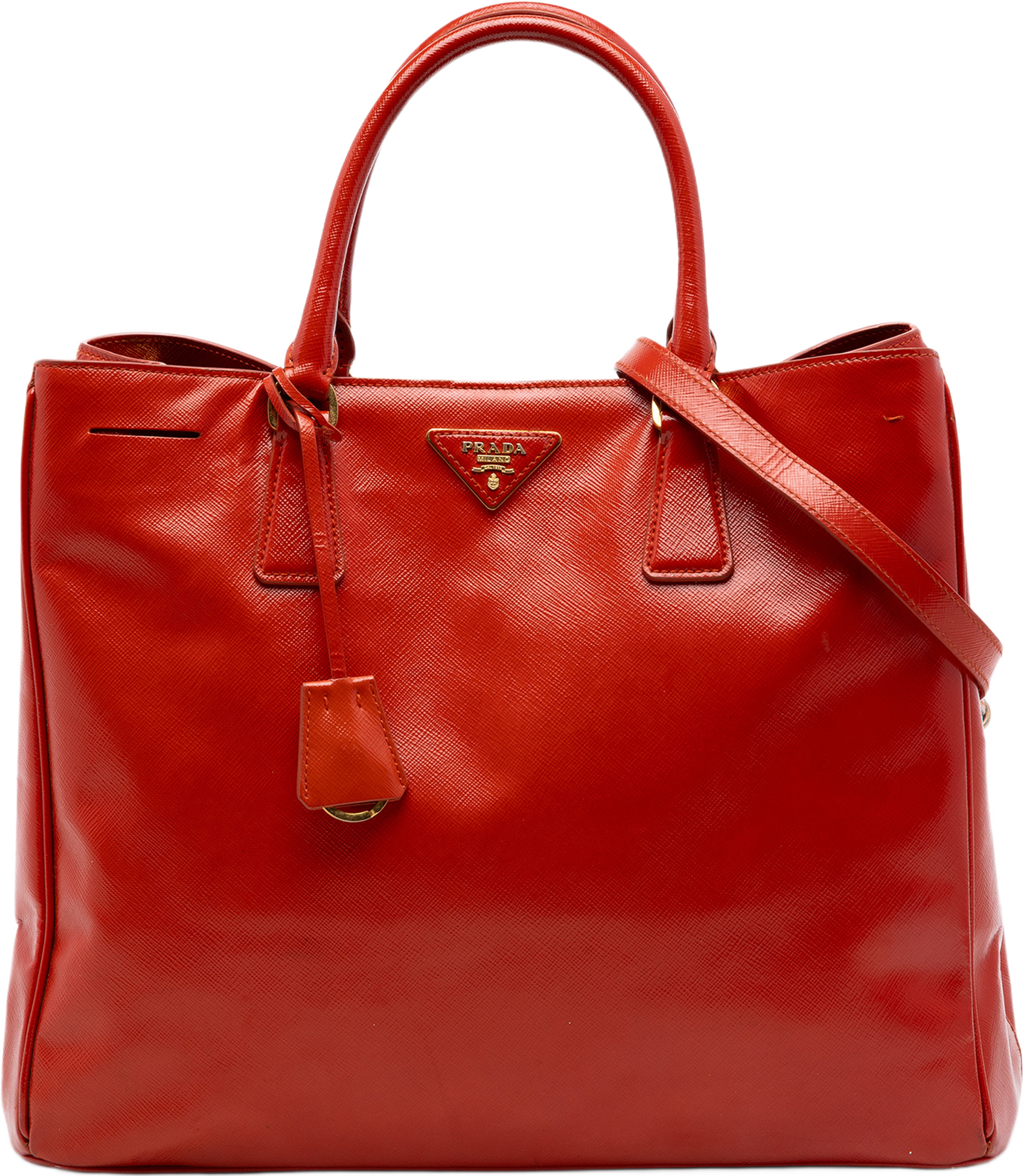 Prada Large Saffiano Vernice Galleria Satchel, från Luxclusif, i färgen dark orange. Klicka för att öppna bilden i stort format