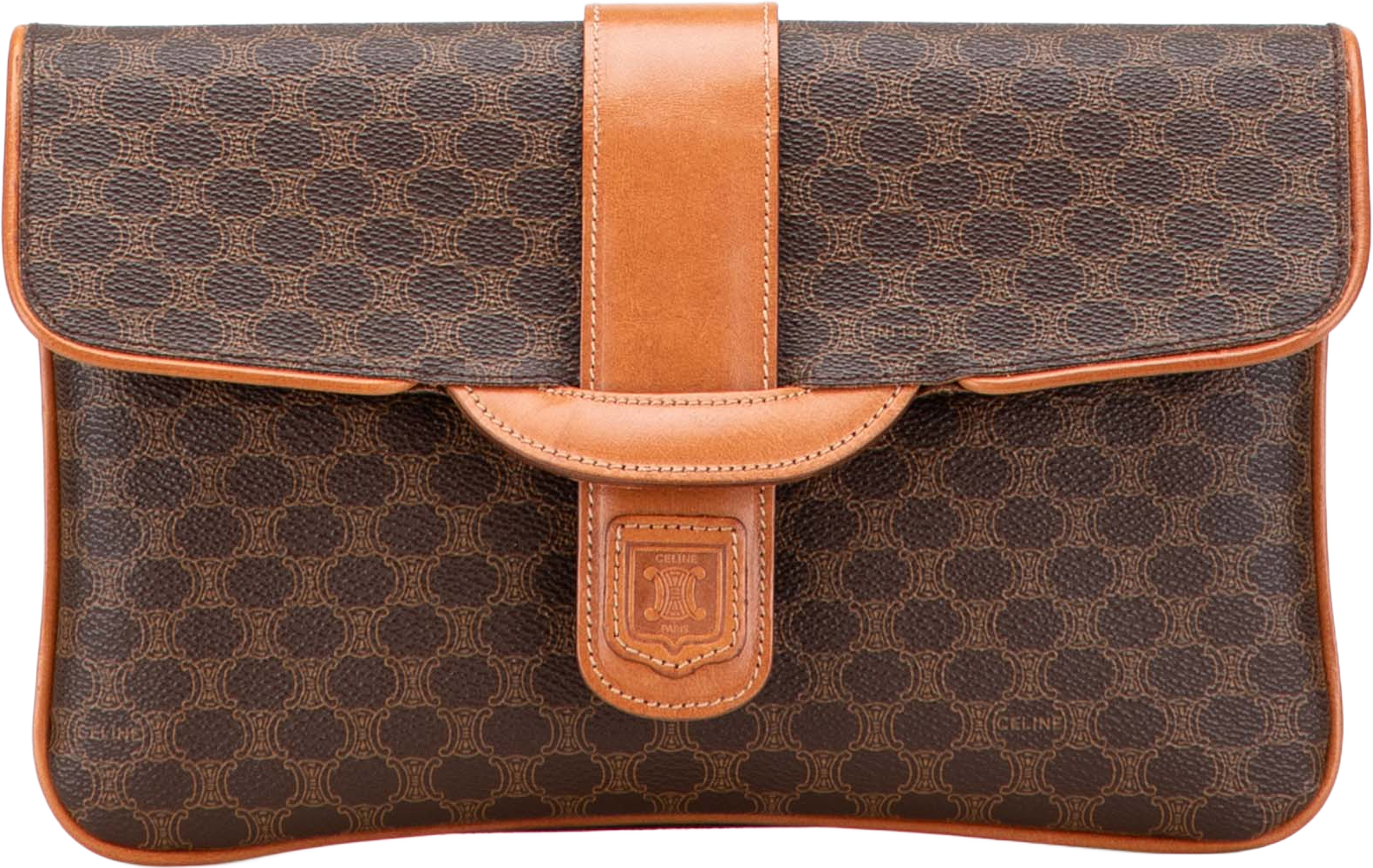 Celine Macadam Coated Canvas Clutch, från Luxclusif, i färgen brown. Klicka för att öppna bilden i stort format