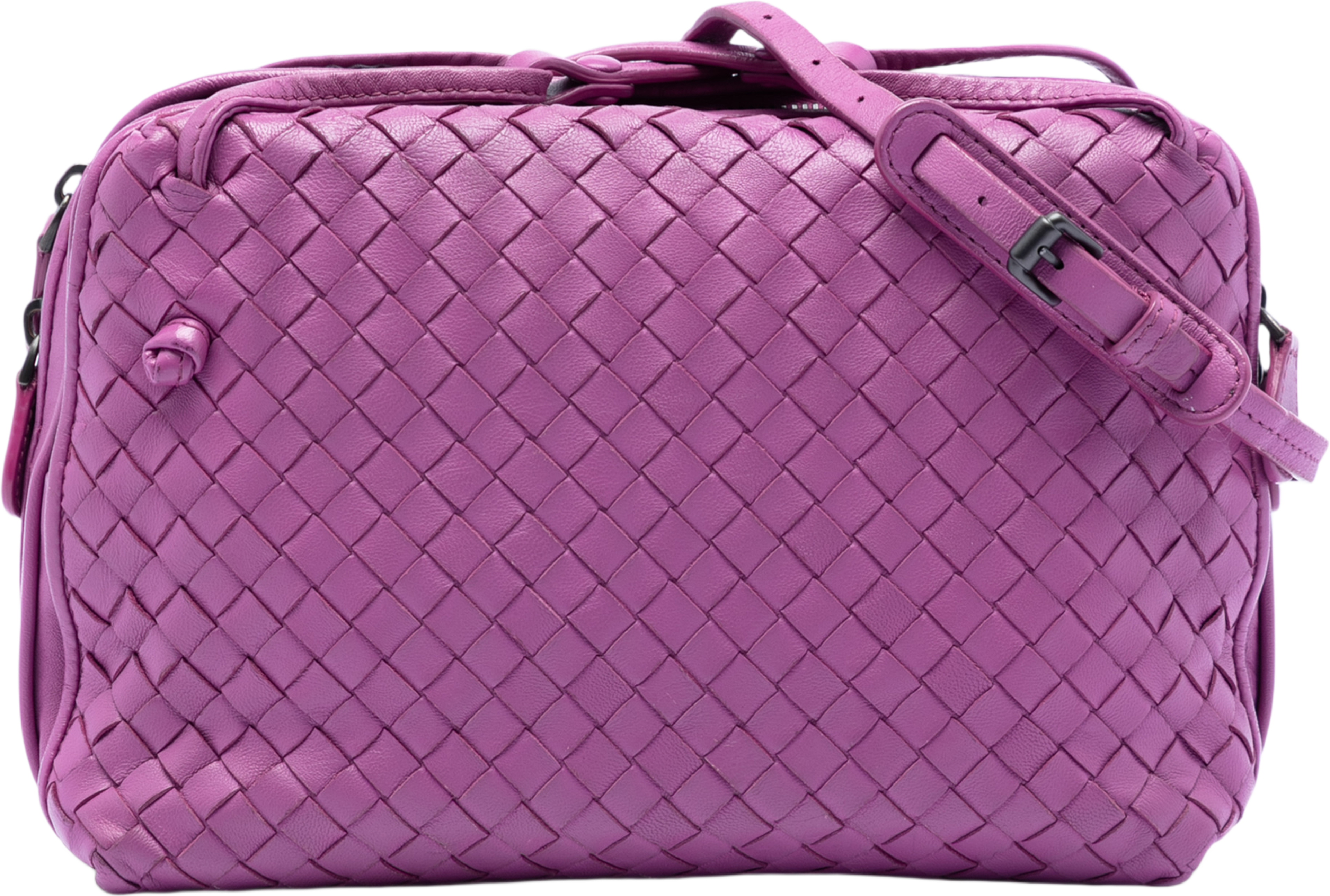 Bottega Veneta Nappa Intrecciato Nodini Double Zip Crossbody, från Luxclusif, i färgen purple. Klicka för att öppna bilden i stort format