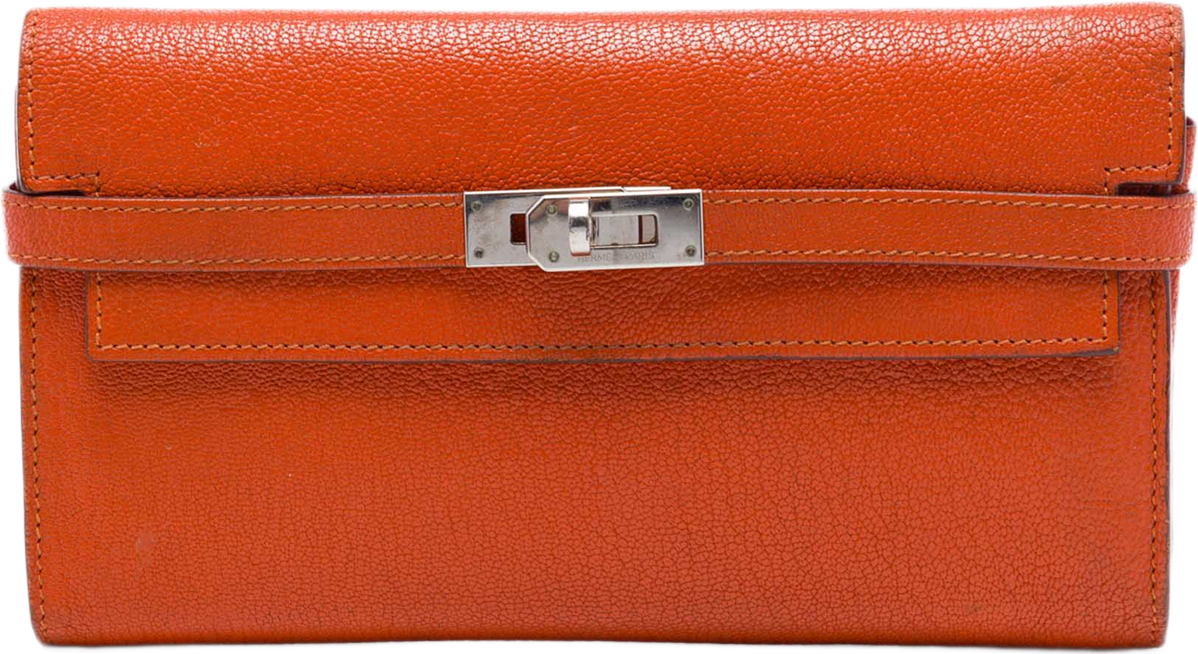 Hermès Chevre Mysore Kelly Longue Wallet, från Luxclusif, i färgen orange. Klicka för att öppna bilden i stort format