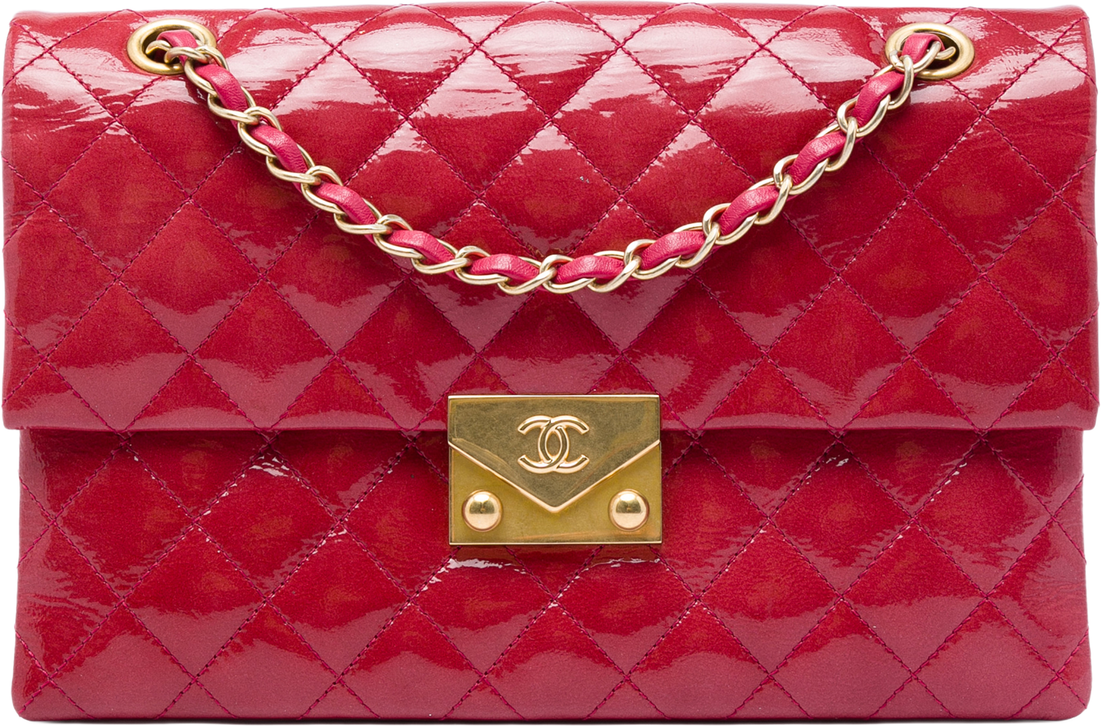 Chanel Quilted Patent Goatskin Pagoda Accordion Flap, från Luxclusif, i färgen röd. Klicka för att öppna bilden i stort format