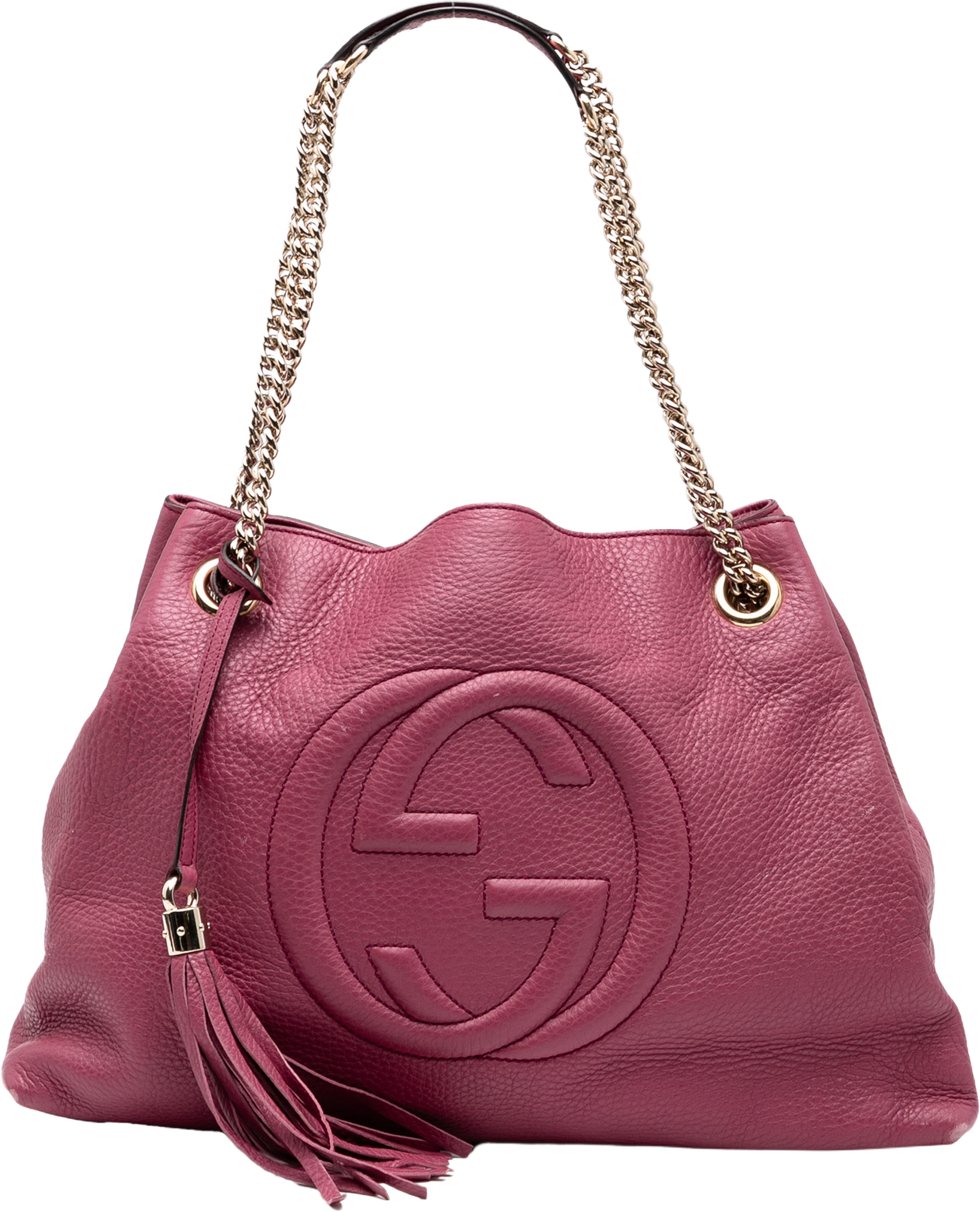 Gucci Medium Leather Soho Chain Tote, från Luxclusif, i färgen dark pink. Klicka för att öppna bilden i stort format