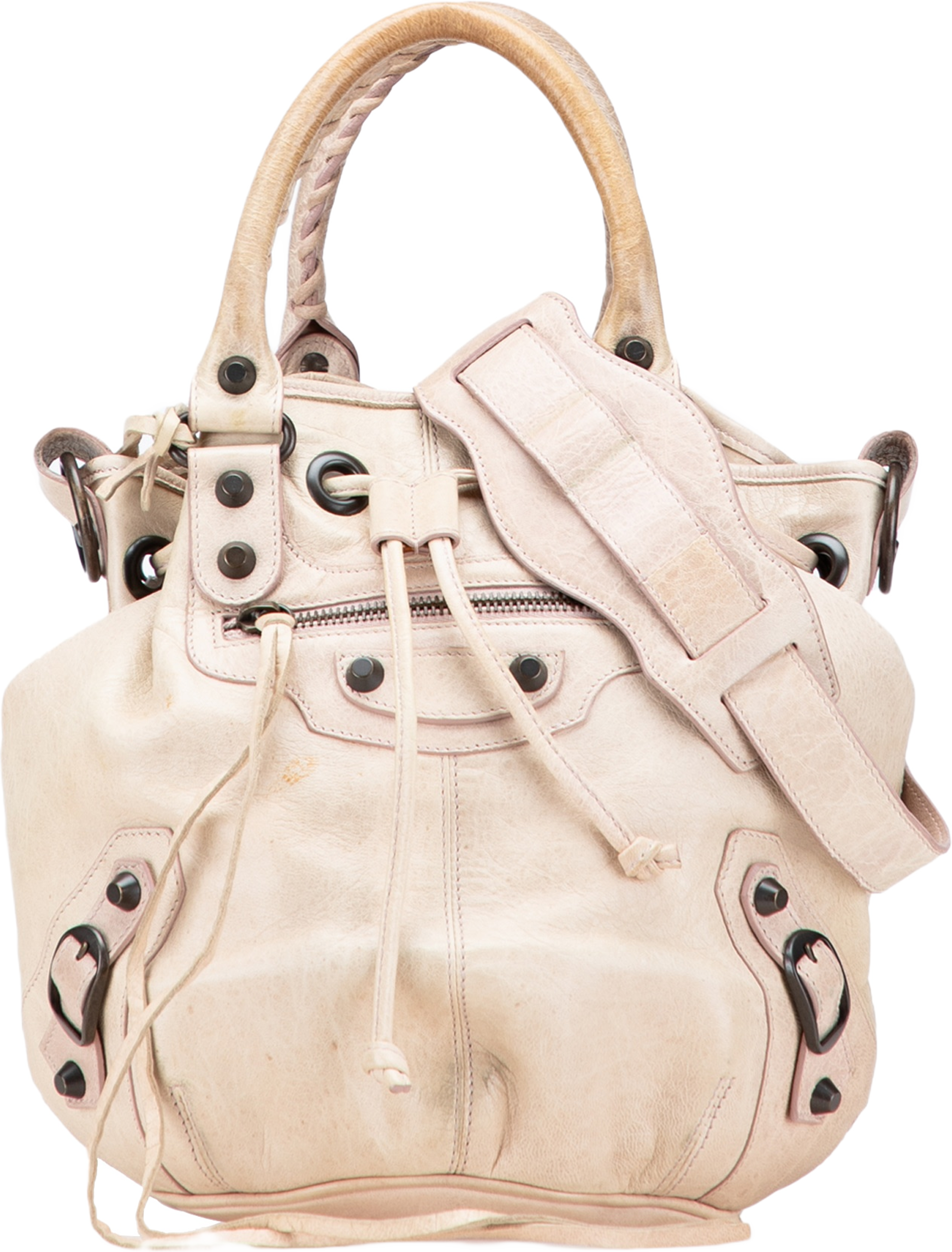 Balenciaga Mini Lambskin Motocross Pompon Bag, från Luxclusif, i färgen light beige. Klicka för att öppna bilden i stort format