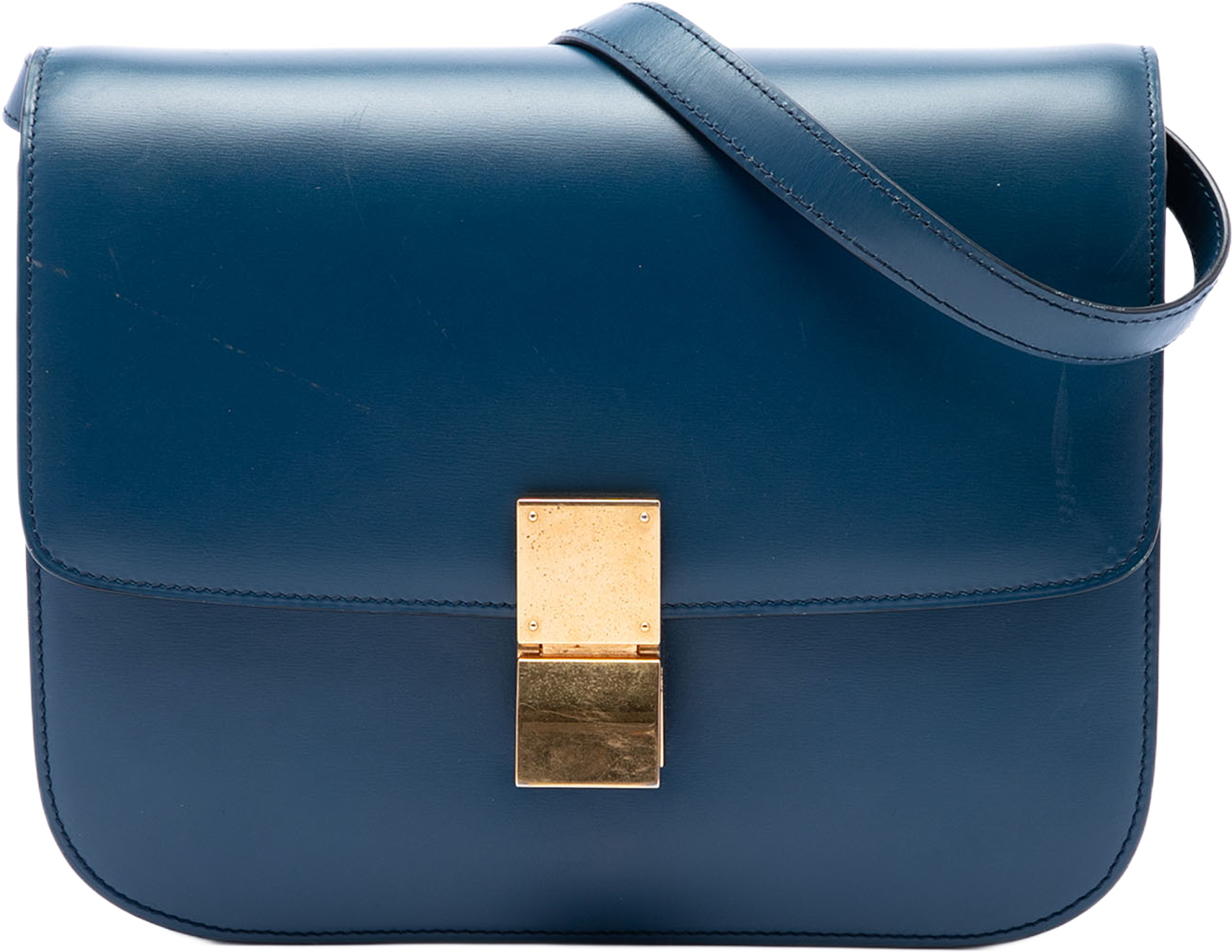 Celine Medium Calfskin Classic Box, från Luxclusif, i färgen blå. Klicka för att öppna bilden i stort format