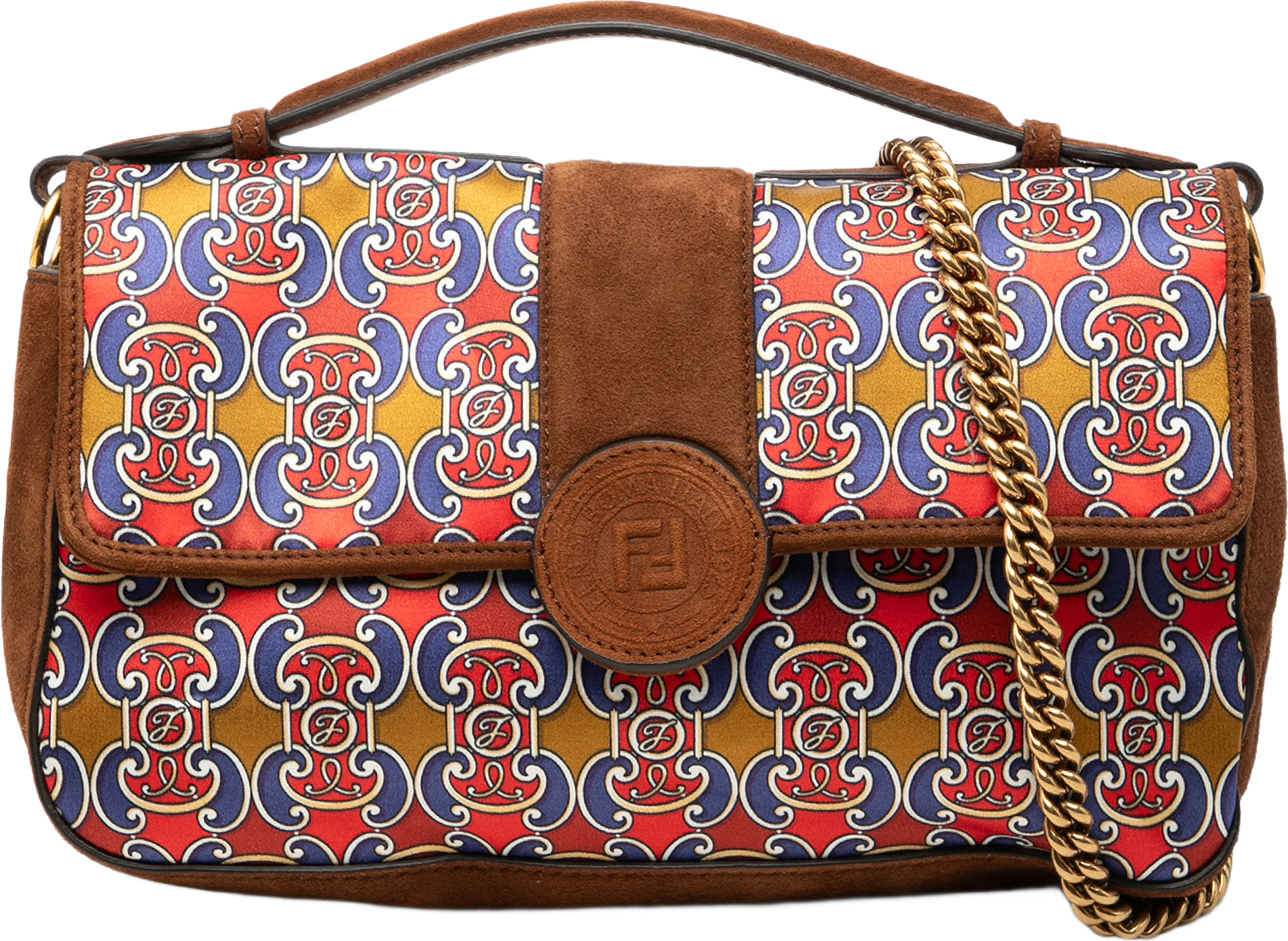 Fendi Printed Satin And Suede Double F Baguette Satchel, från Luxclusif, i färgen brun. Klicka för att öppna bilden i stort format