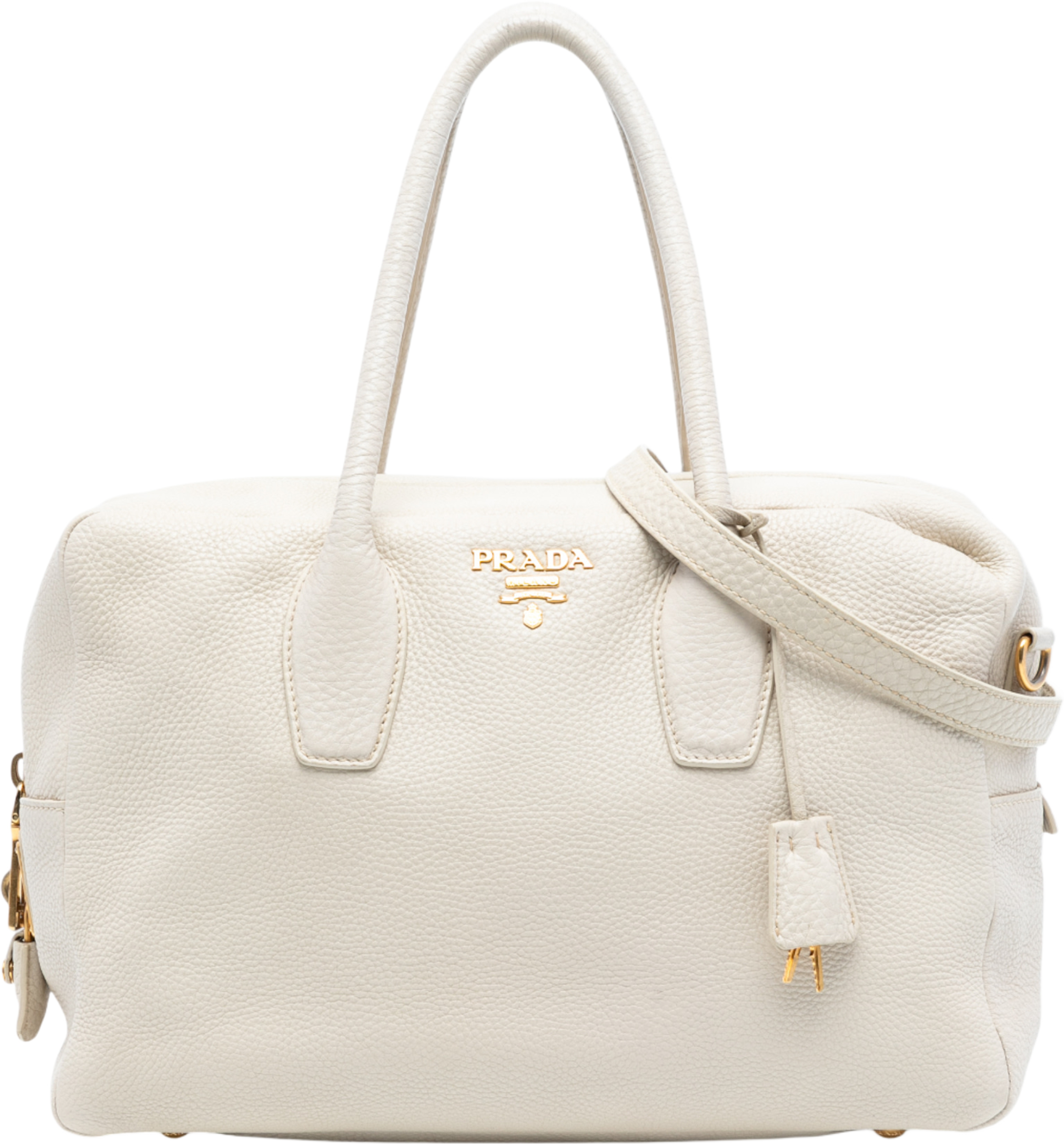 Prada Vitello Daino Bauletto Bag, från Luxclusif, i färgen white. Klicka för att öppna bilden i stort format