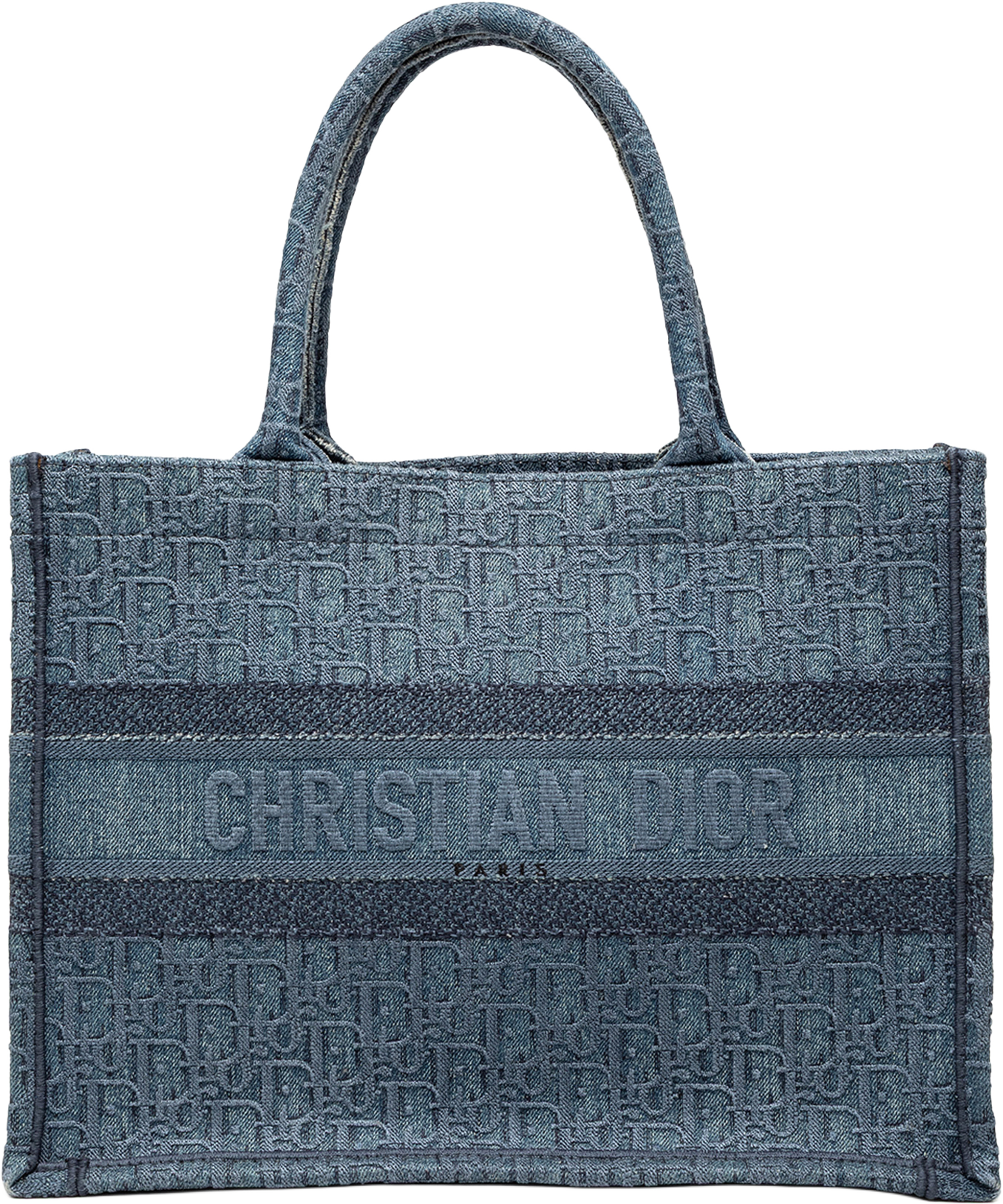 Dior Medium Oblique Denim Book Tote, från Luxclusif, i färgen blue. Klicka för att öppna bilden i stort format