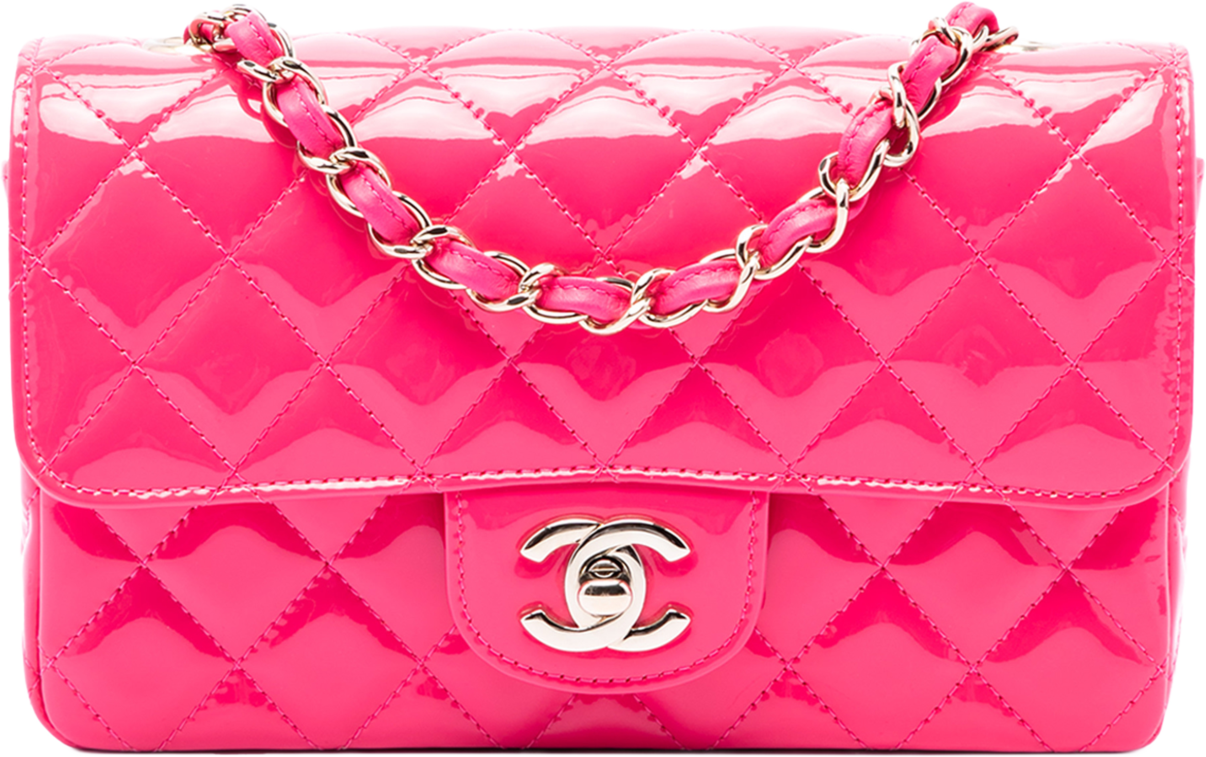Chanel Mini Rectangular Classic Patent Single Flap, från Luxclusif, i färgen rosa. Klicka för att öppna bilden i stort format