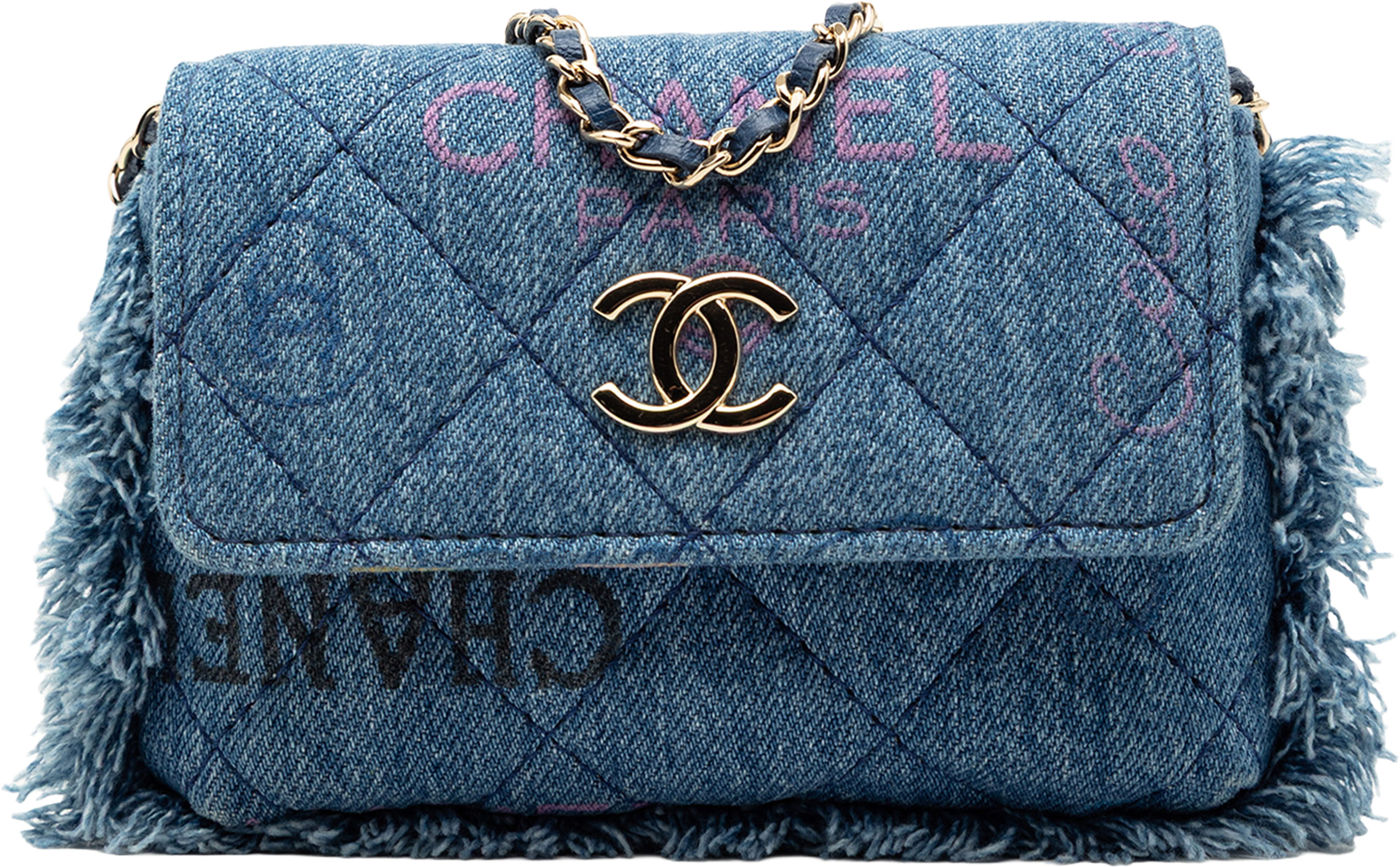 Chanel Fringe Denim Mood Clutch With Chain, från Luxclusif, i färgen denim. Klicka för att öppna bilden i stort format