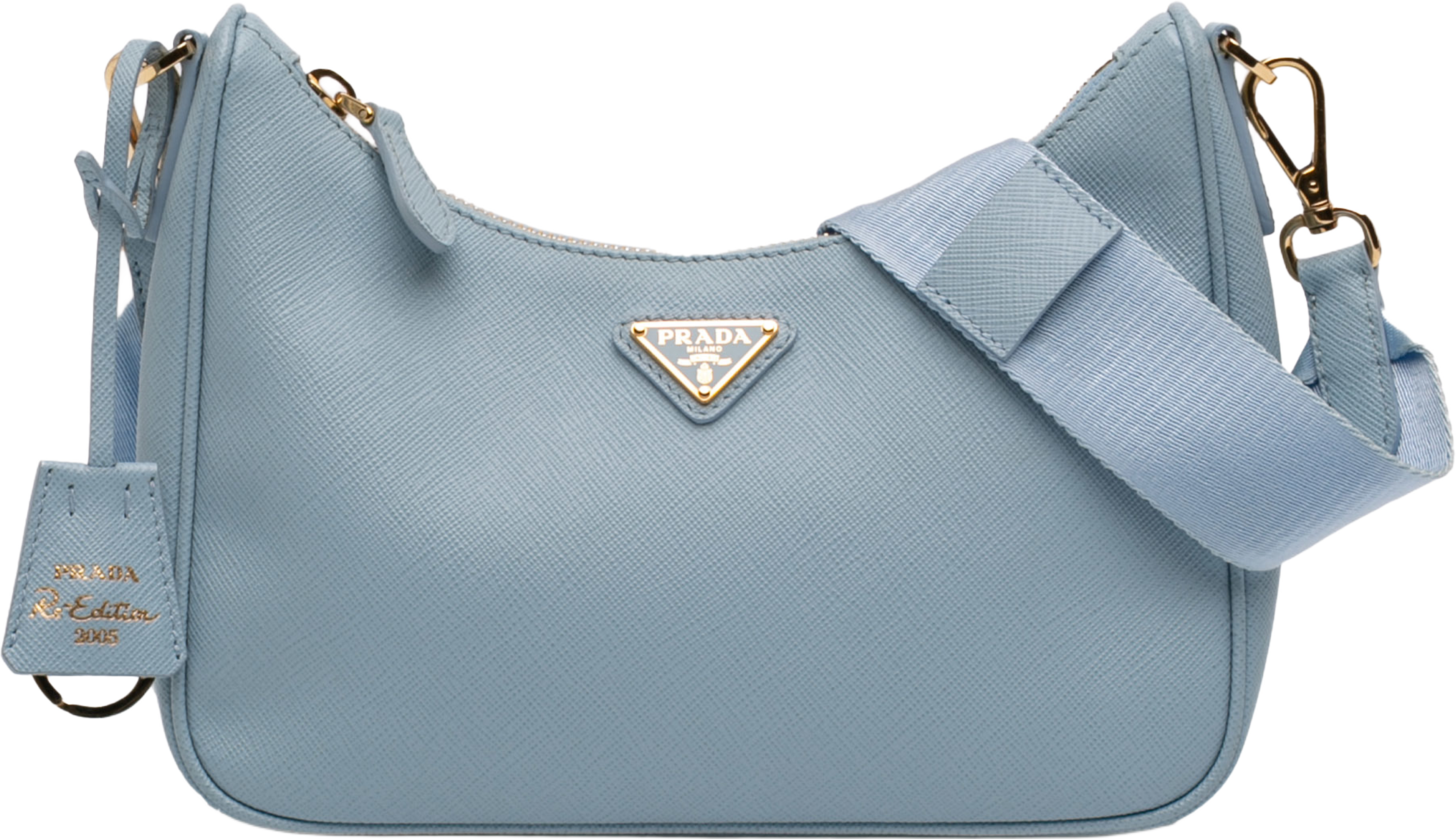 Prada Saffiano Re Edition 2005 Satchel, från Luxclusif, i färgen light blue. Klicka för att öppna bilden i stort format
