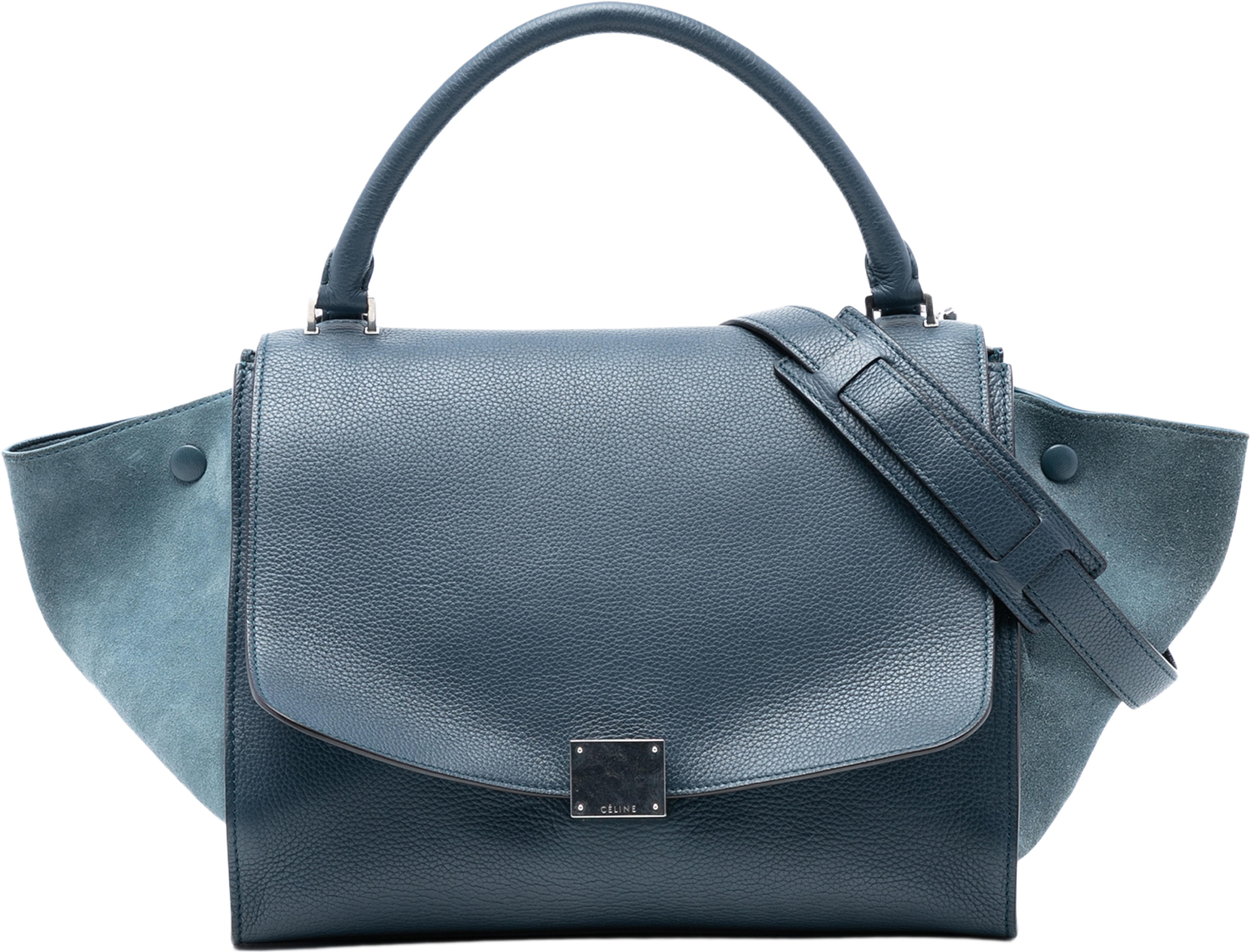 Celine Medium Calfskin And Suede Trapeze Satchel, från Luxclusif, i färgen navy. Klicka för att öppna bilden i stort format