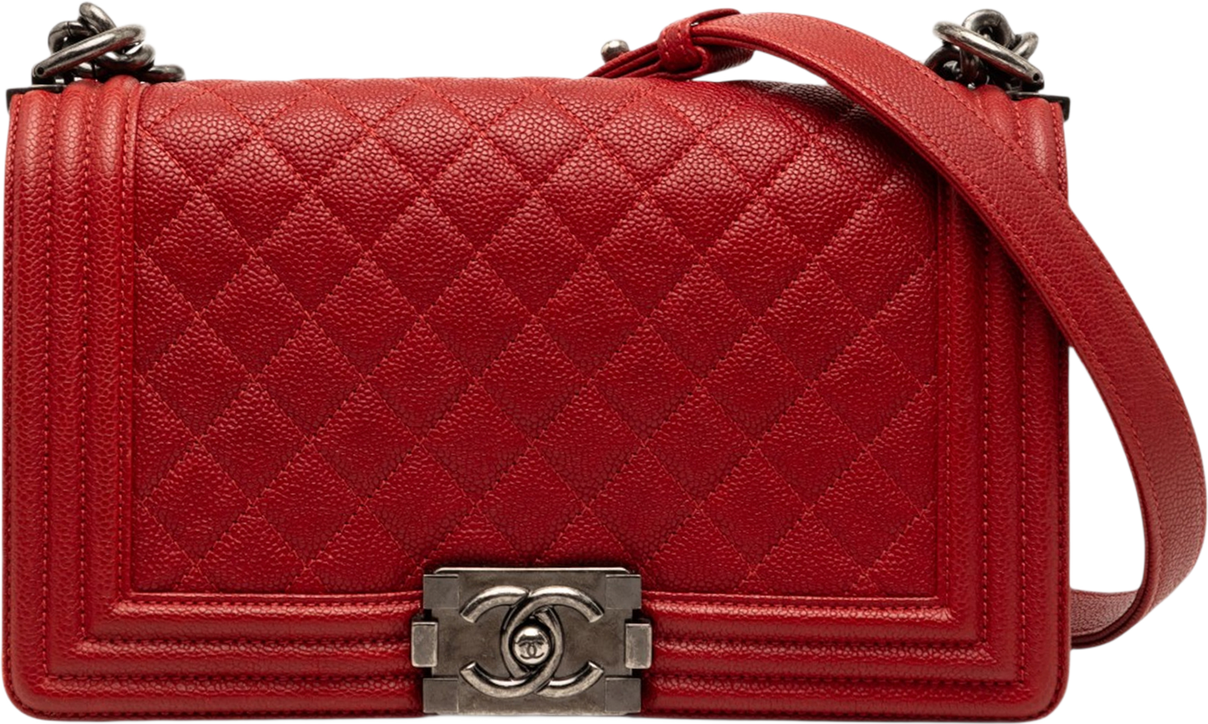 Chanel Old Medium Quilted Caviar Boy Flap, från Luxclusif, i färgen red. Klicka för att öppna bilden i stort format