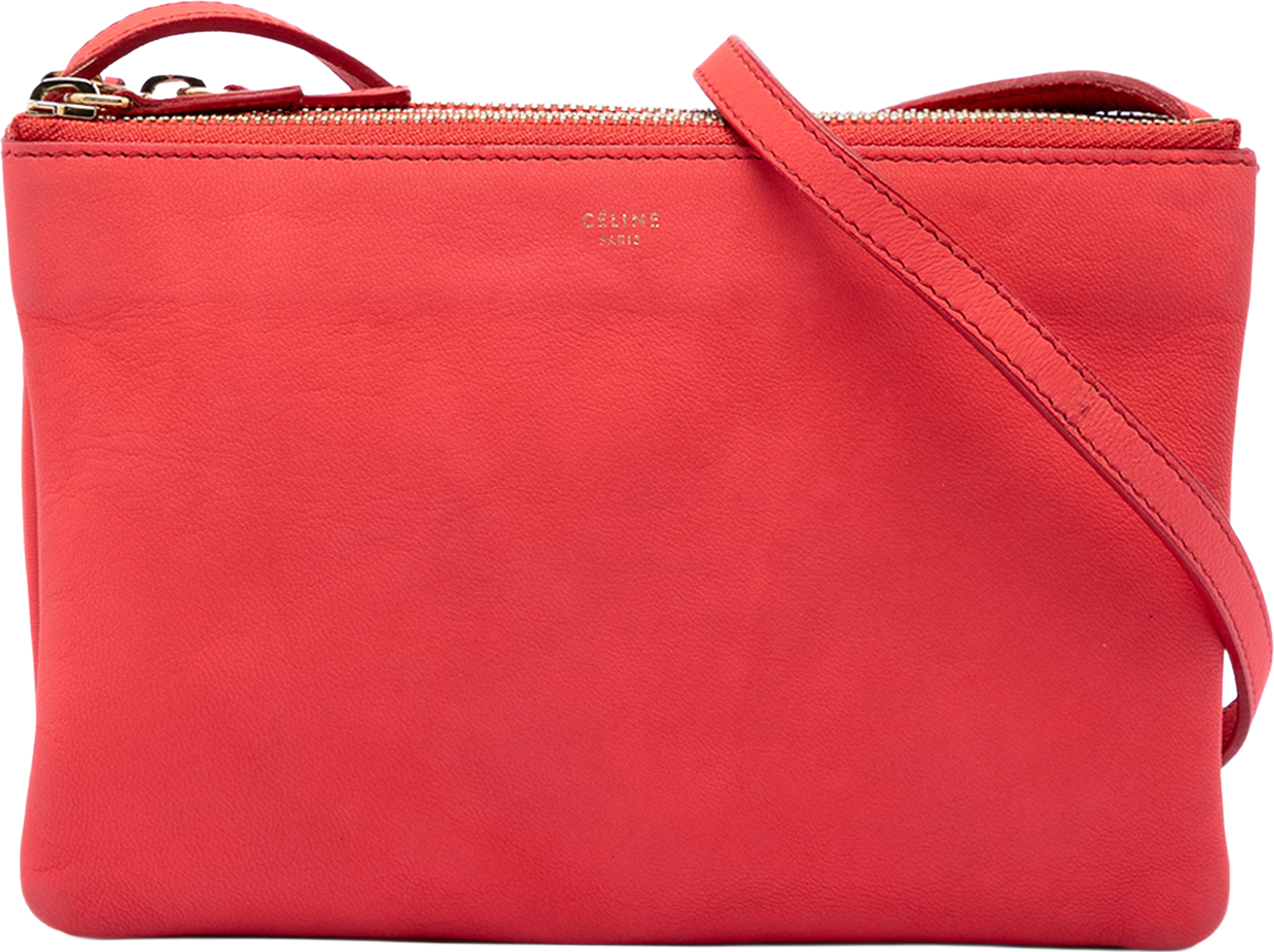 Celine Small Lambskin Trio Crossbody, från Luxclusif, i färgen strawberry. Klicka för att öppna bilden i stort format