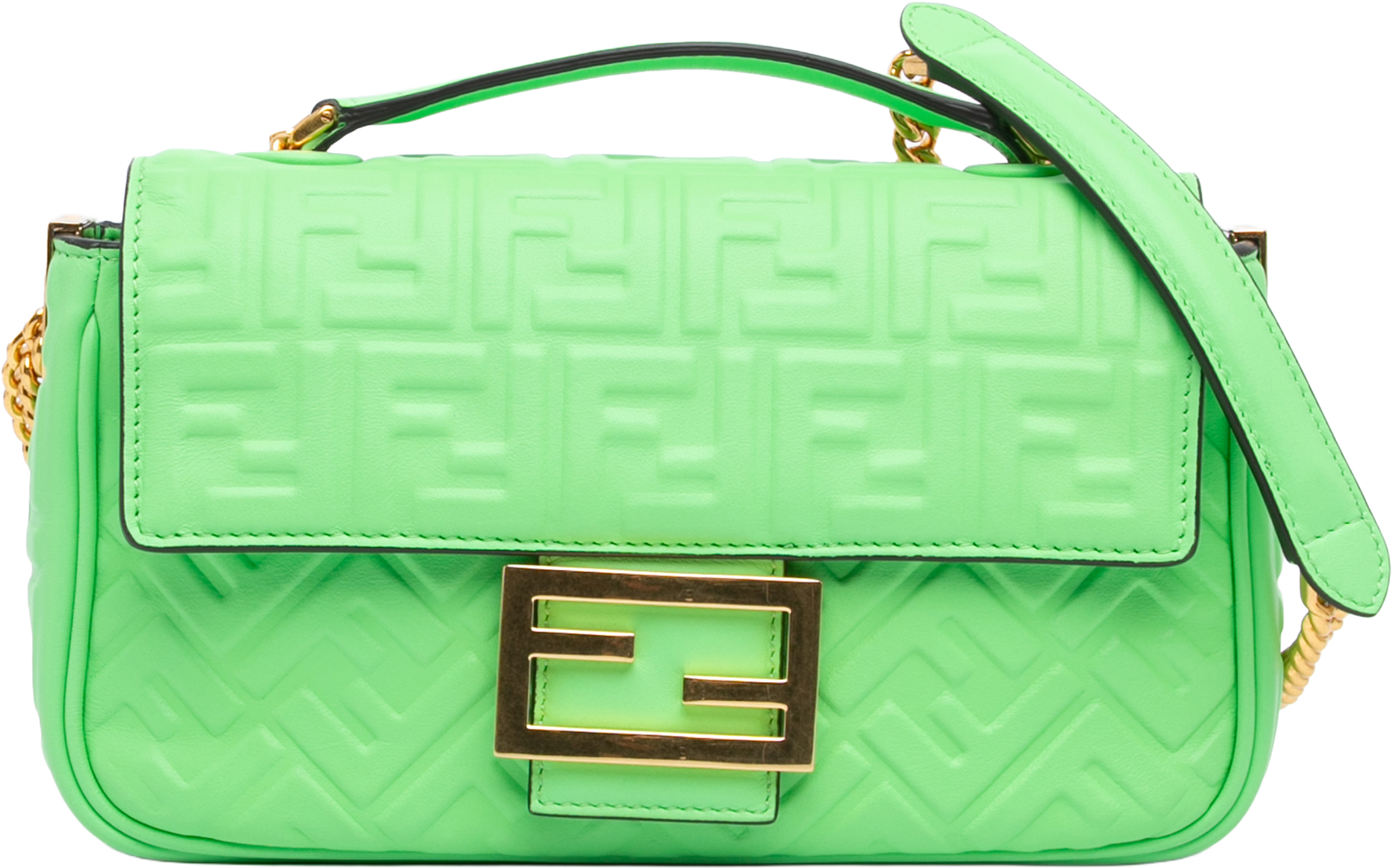 Fendi Zucca Embossed Leather Chain Midi Baguette, från Luxclusif, i färgen light green. Klicka för att öppna bilden i stort format