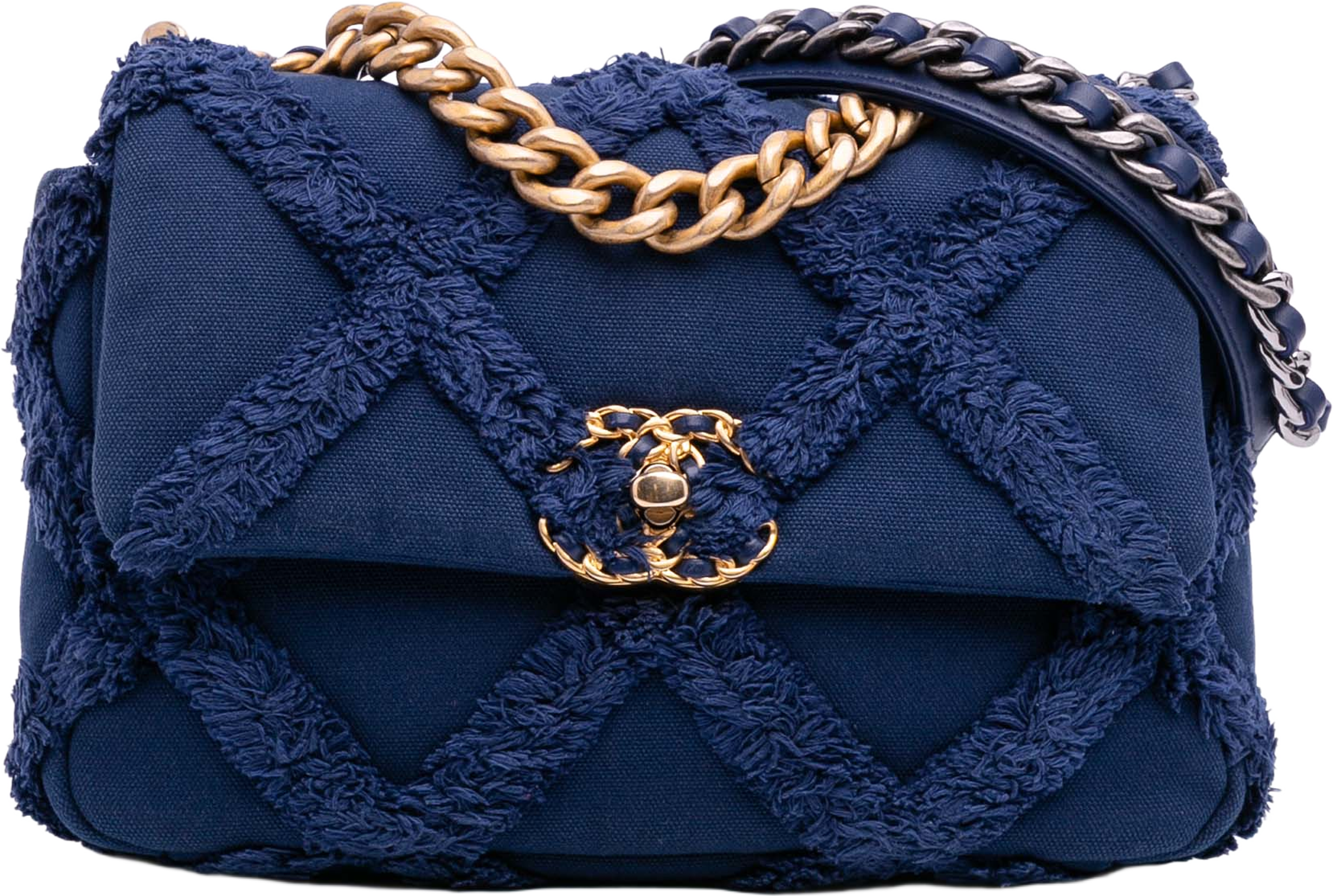 Chanel Medium Canvas And Cotton 19 Flap, från Luxclusif, i färgen blue. Klicka för att öppna bilden i stort format