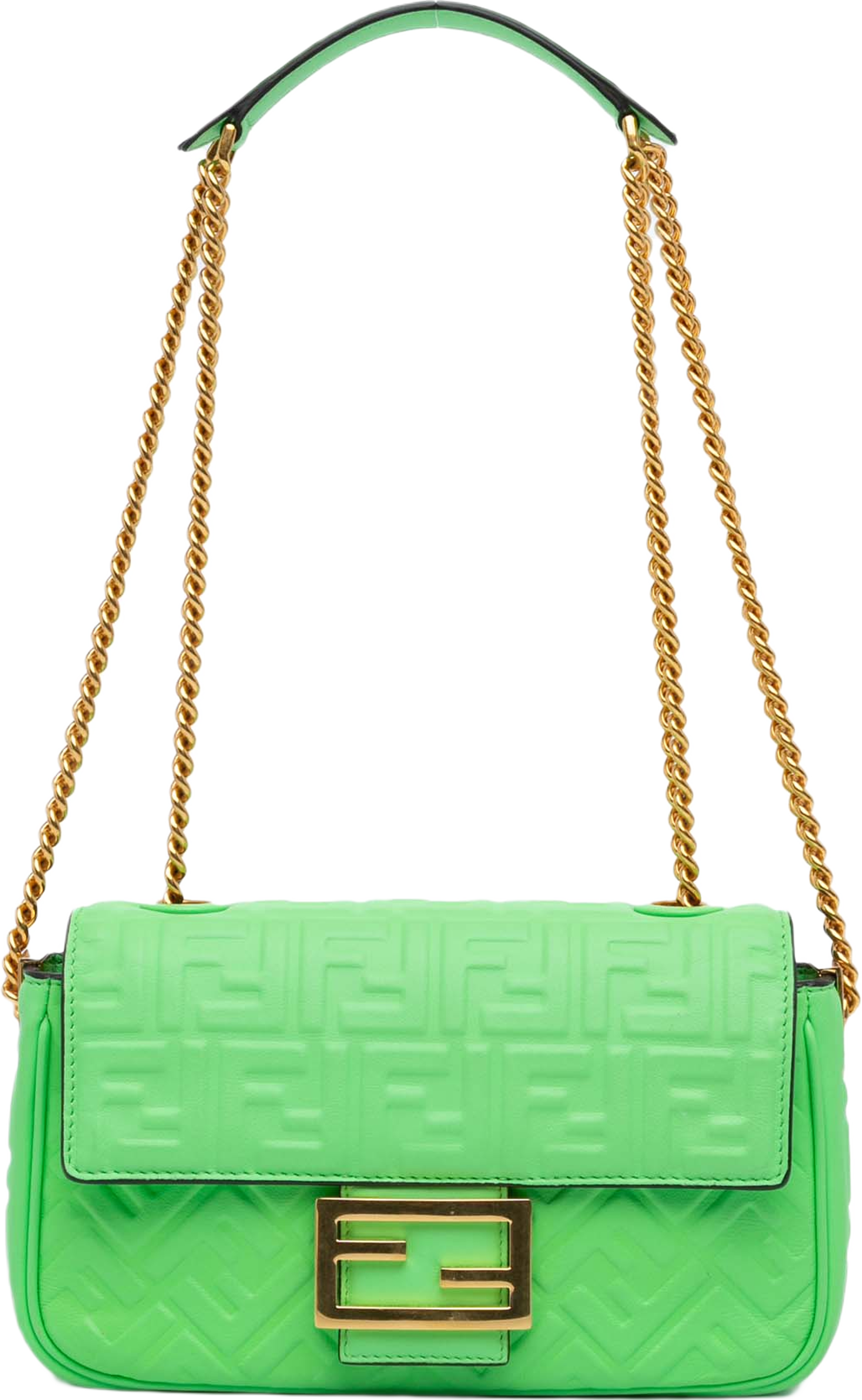 Fendi Zucca Embossed Leather Chain Midi Baguette, från Luxclusif, i färgen light green. Klicka för att öppna bilden i stort format