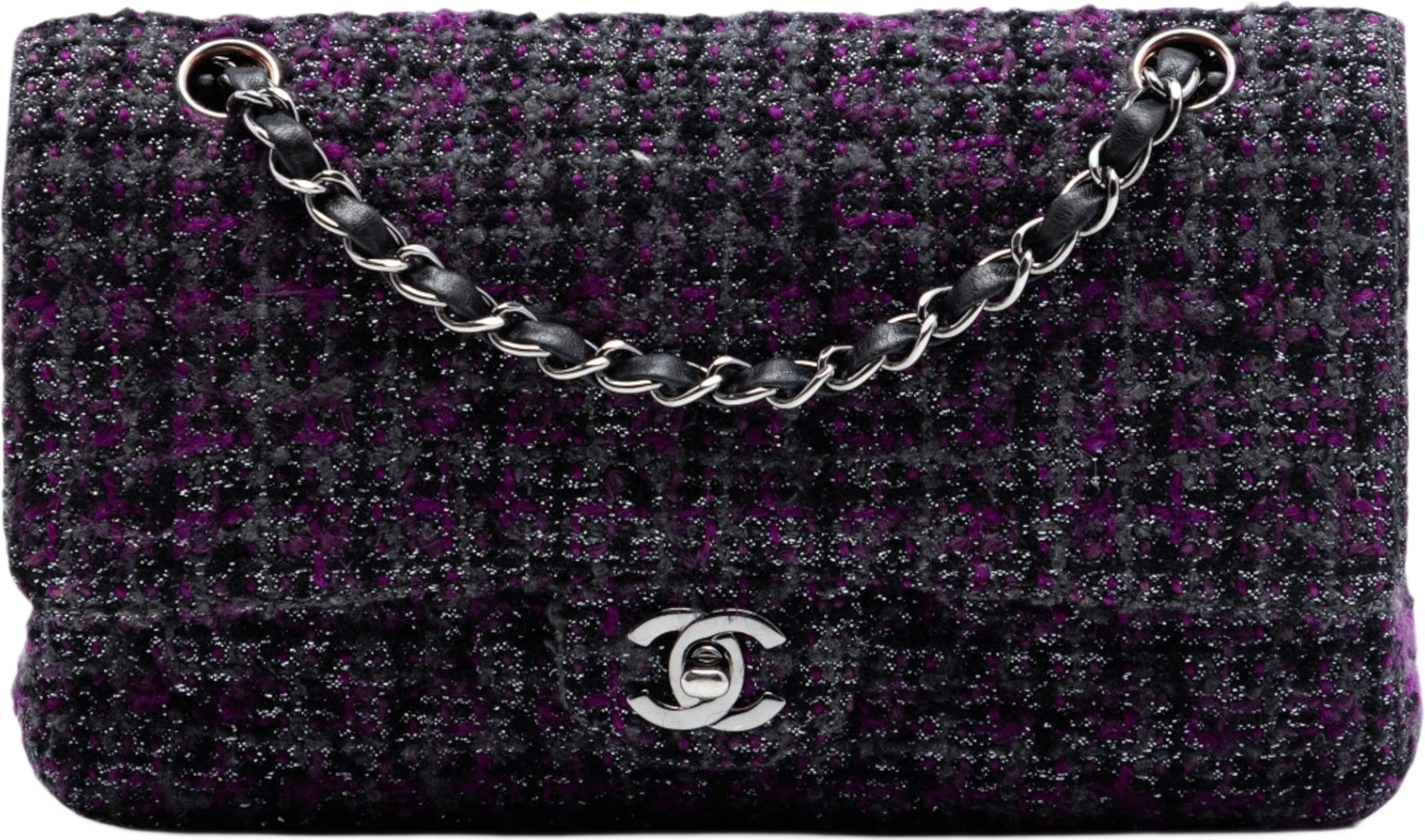 Chanel Medium Classic Tweed Double Flap, från Luxclusif, i färgen purple. Klicka för att öppna bilden i stort format