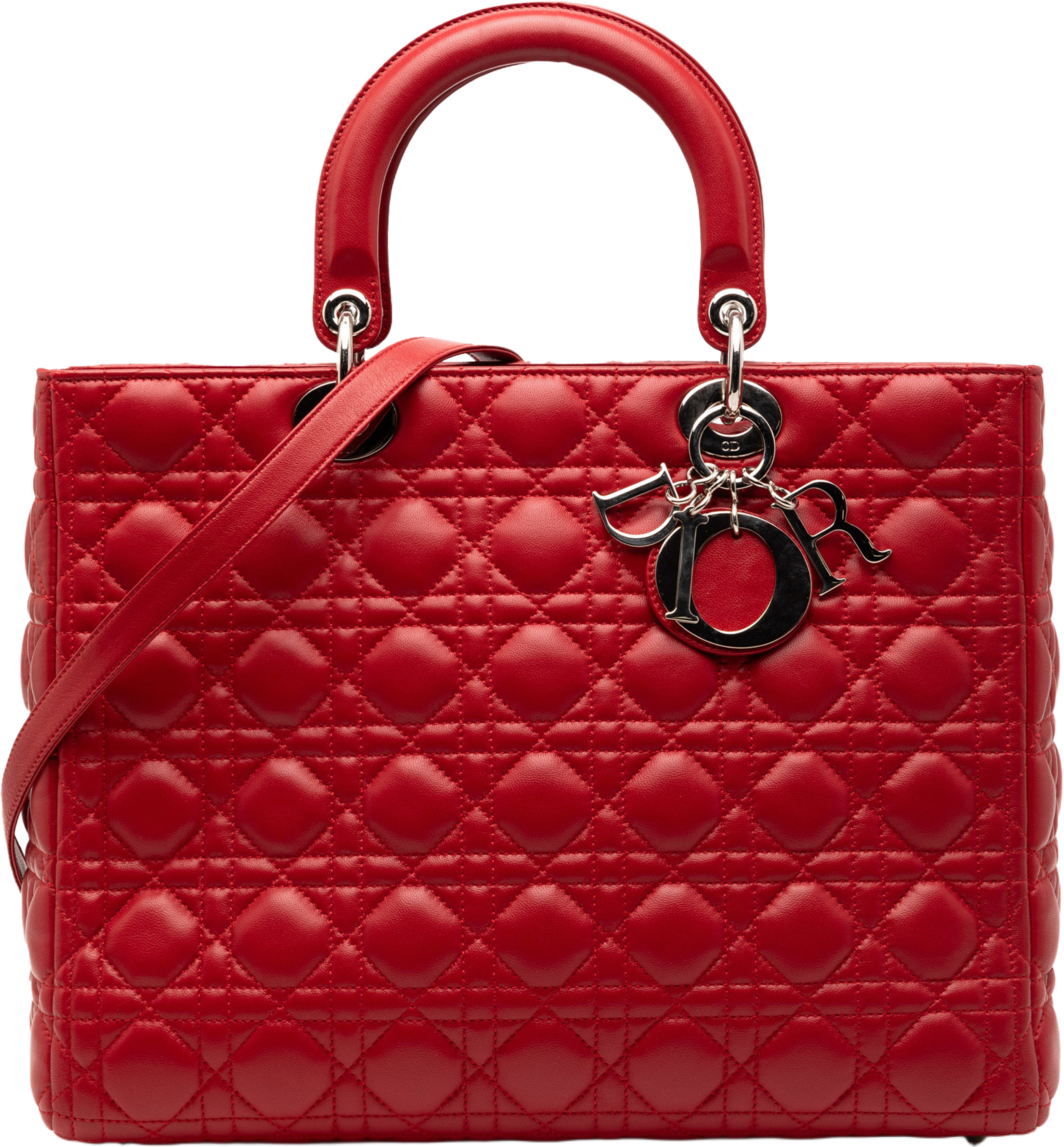 Dior Large Lambskin Cannage Lady Dior, från Luxclusif, i färgen red. Klicka för att öppna bilden i stort format
