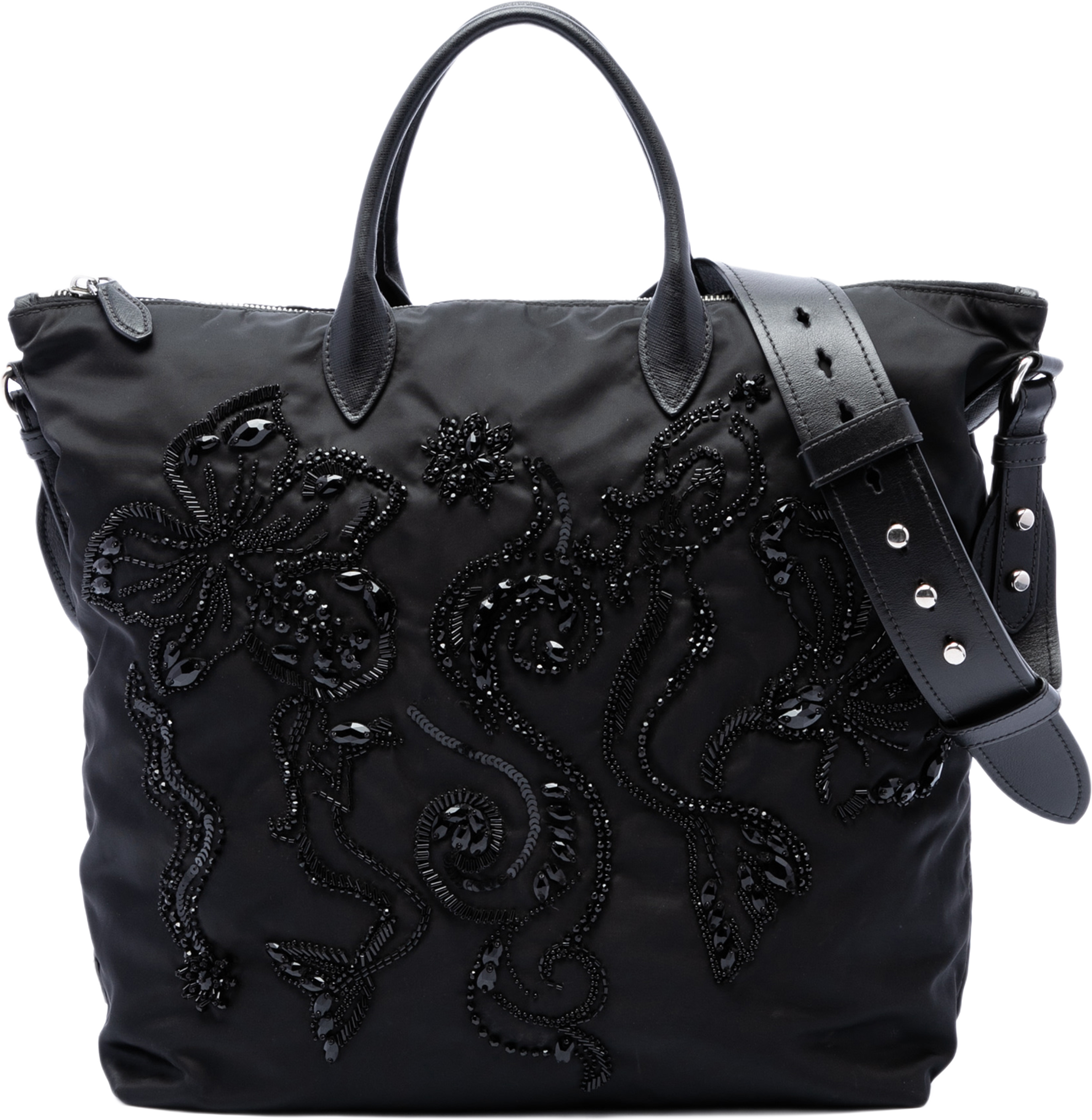Prada Beaded Tessuto Floral Applique Convertible Tote, från Luxclusif, i färgen svart. Klicka för att öppna bilden i stort format