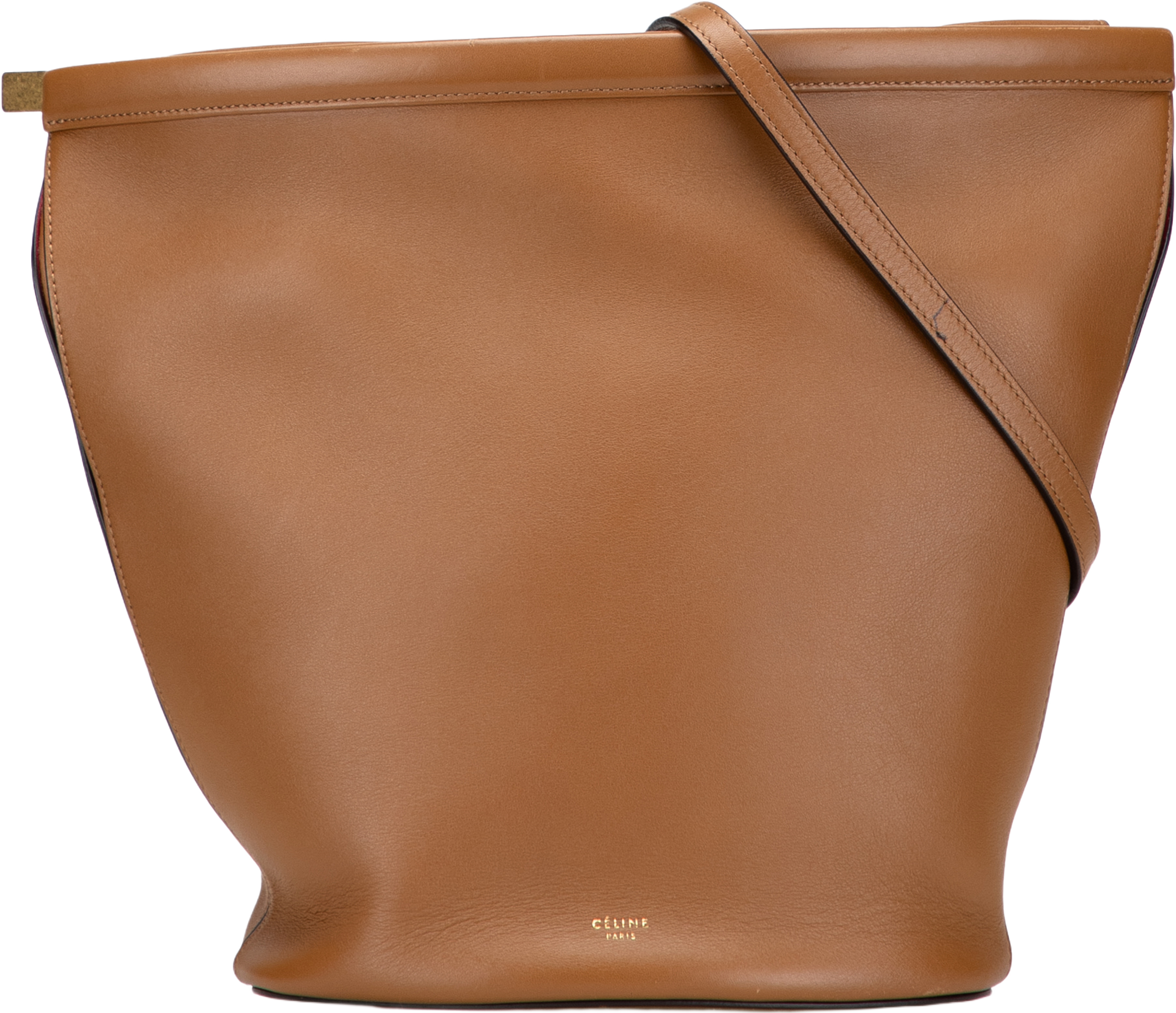 Celine Smooth Calfskin Clasp Bucket Bag, från Luxclusif, i färgen brown. Klicka för att öppna bilden i stort format