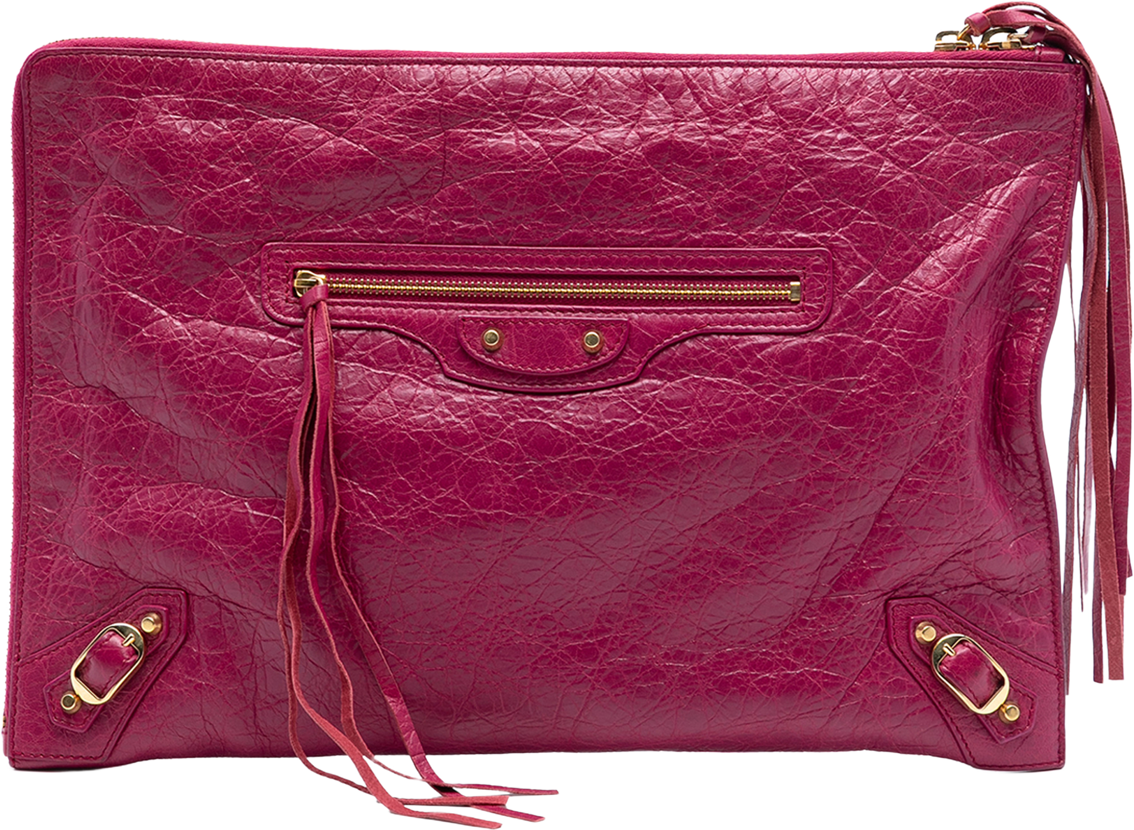 Balenciaga Lambskin Motocross Classic Zip Around Flat Clutch, från Luxclusif, i färgen hot pink. Klicka för att öppna bilden i stort format