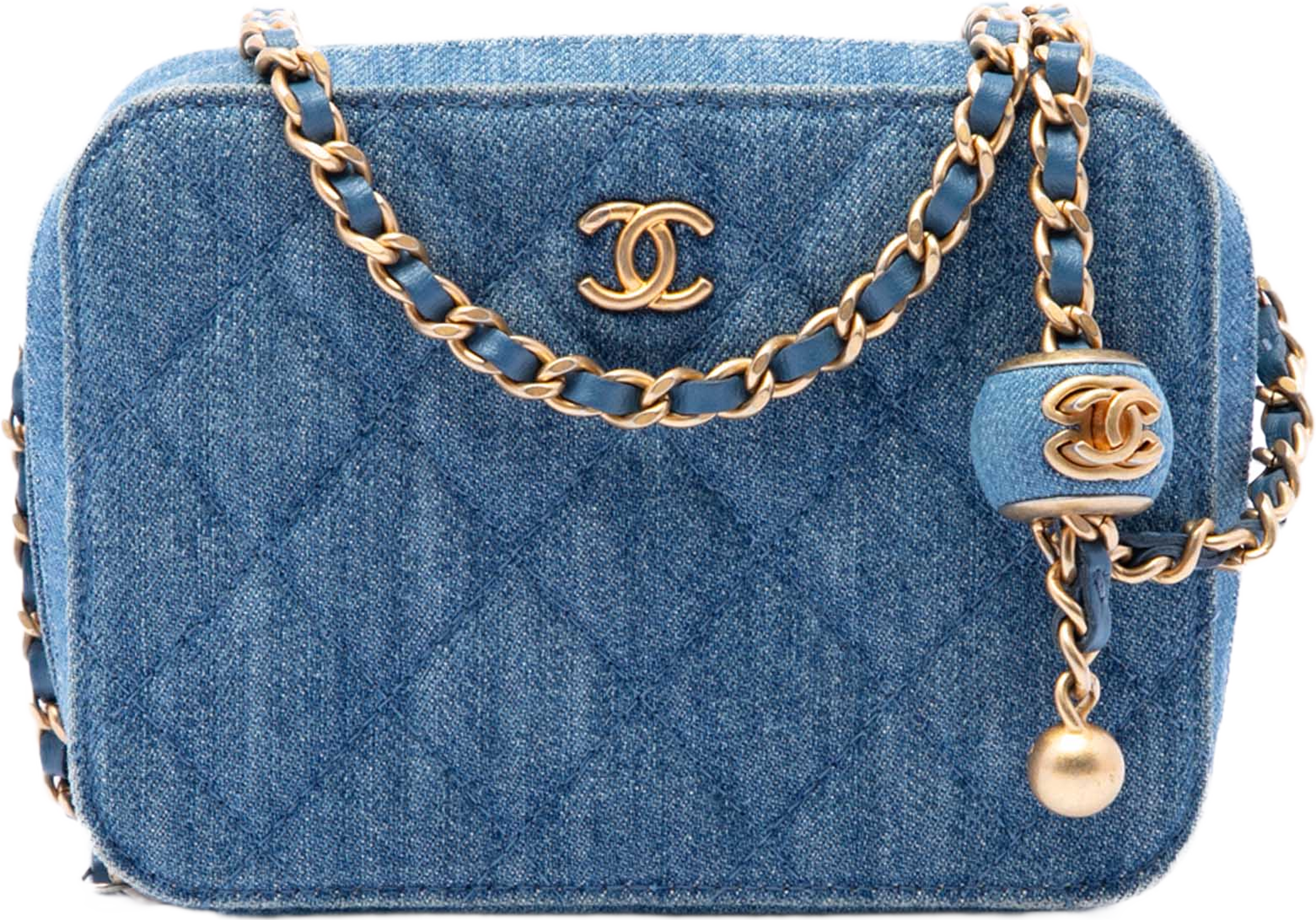 Chanel Quilted Denim Pearl Crush Camera Bag, från Luxclusif, i färgen blå. Klicka för att öppna bilden i stort format