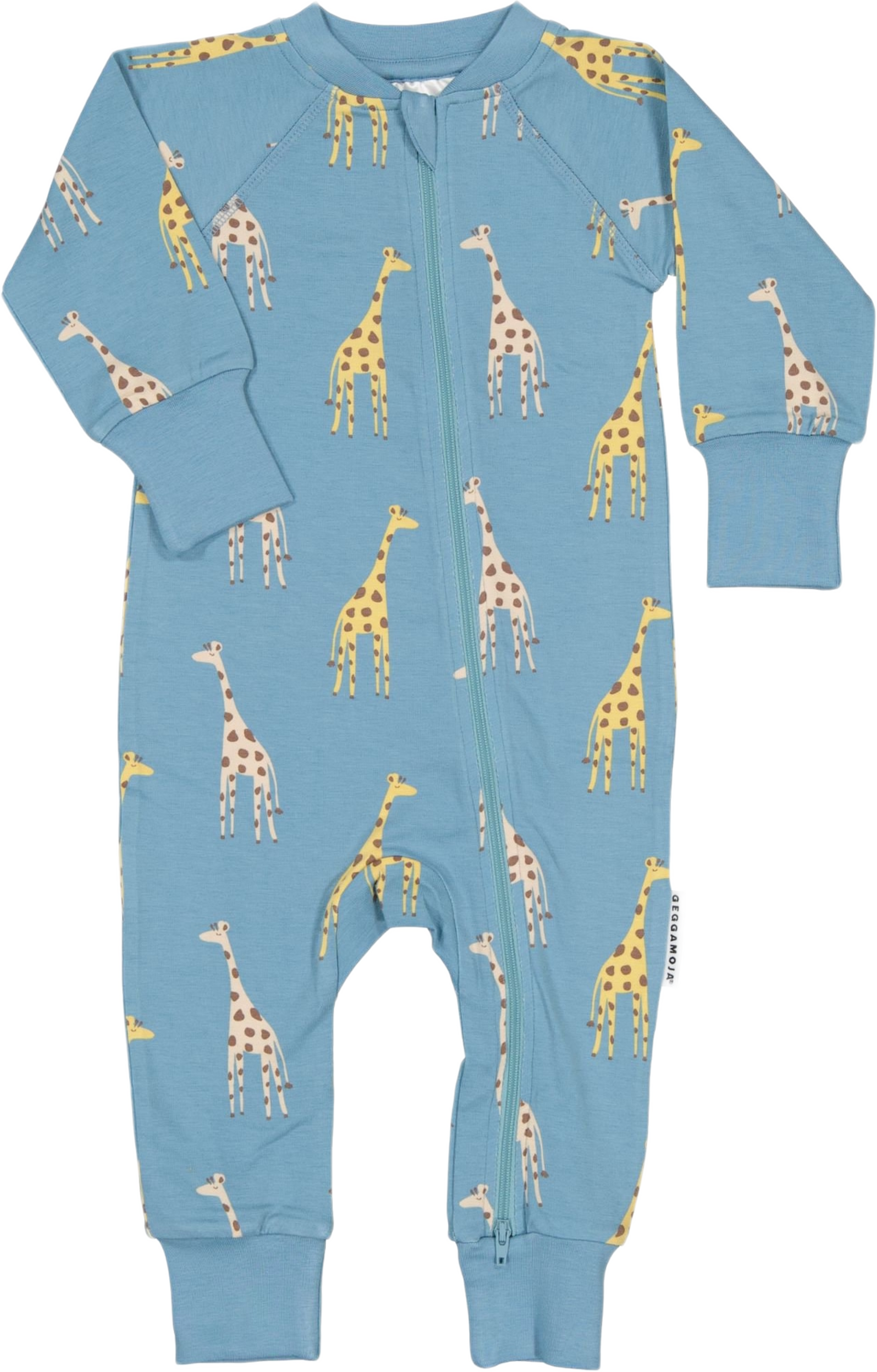 Heldräktspyjamas Bambu, från Geggamoja, i färgen blue giraffe. Klicka för att öppna bilden i stort format