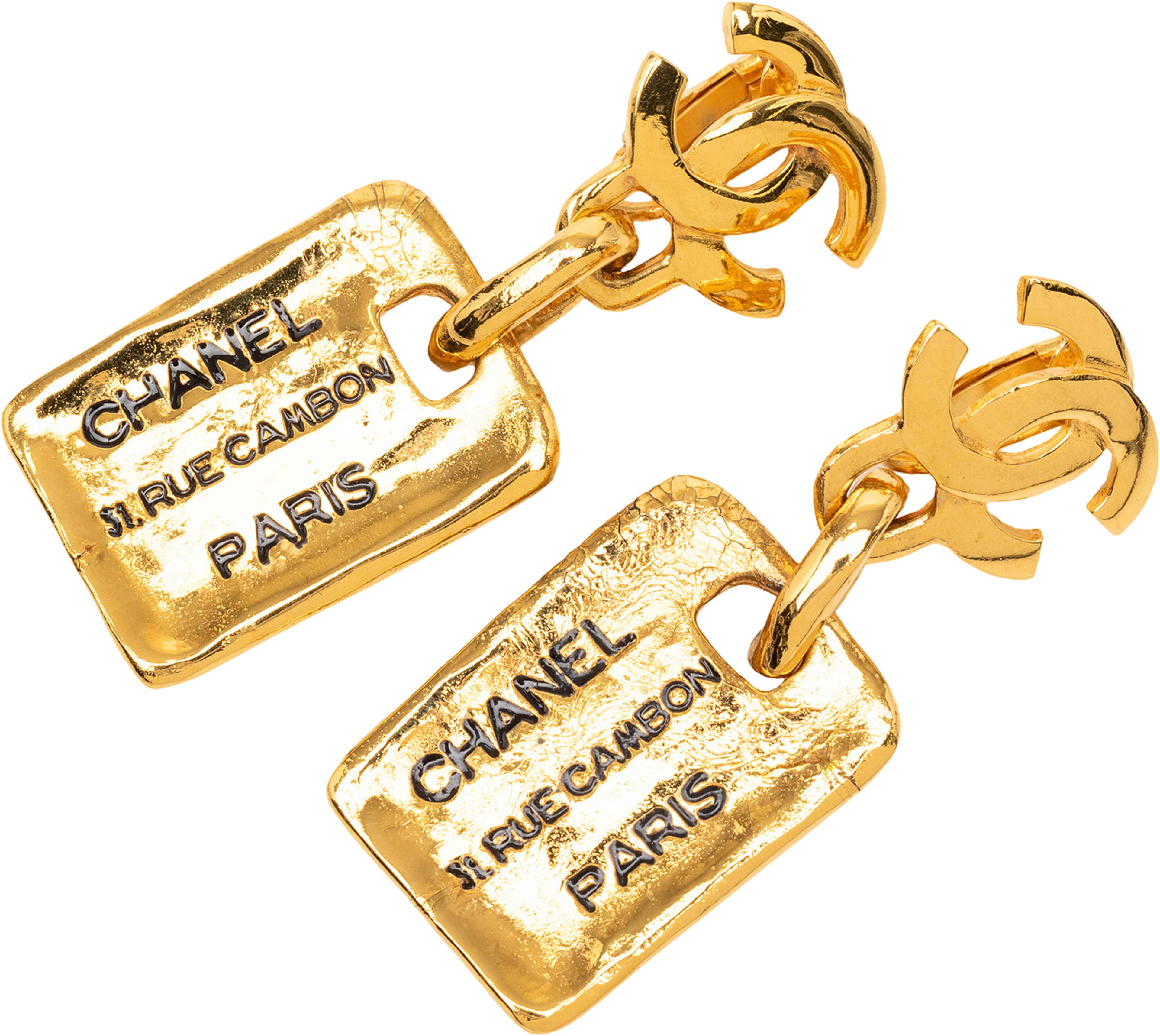 Chanel Gold Plated 31 Rue Cambon Drop Clip On Earrings, från Luxclusif, i färgen gold. Klicka för att öppna bilden i stort format
