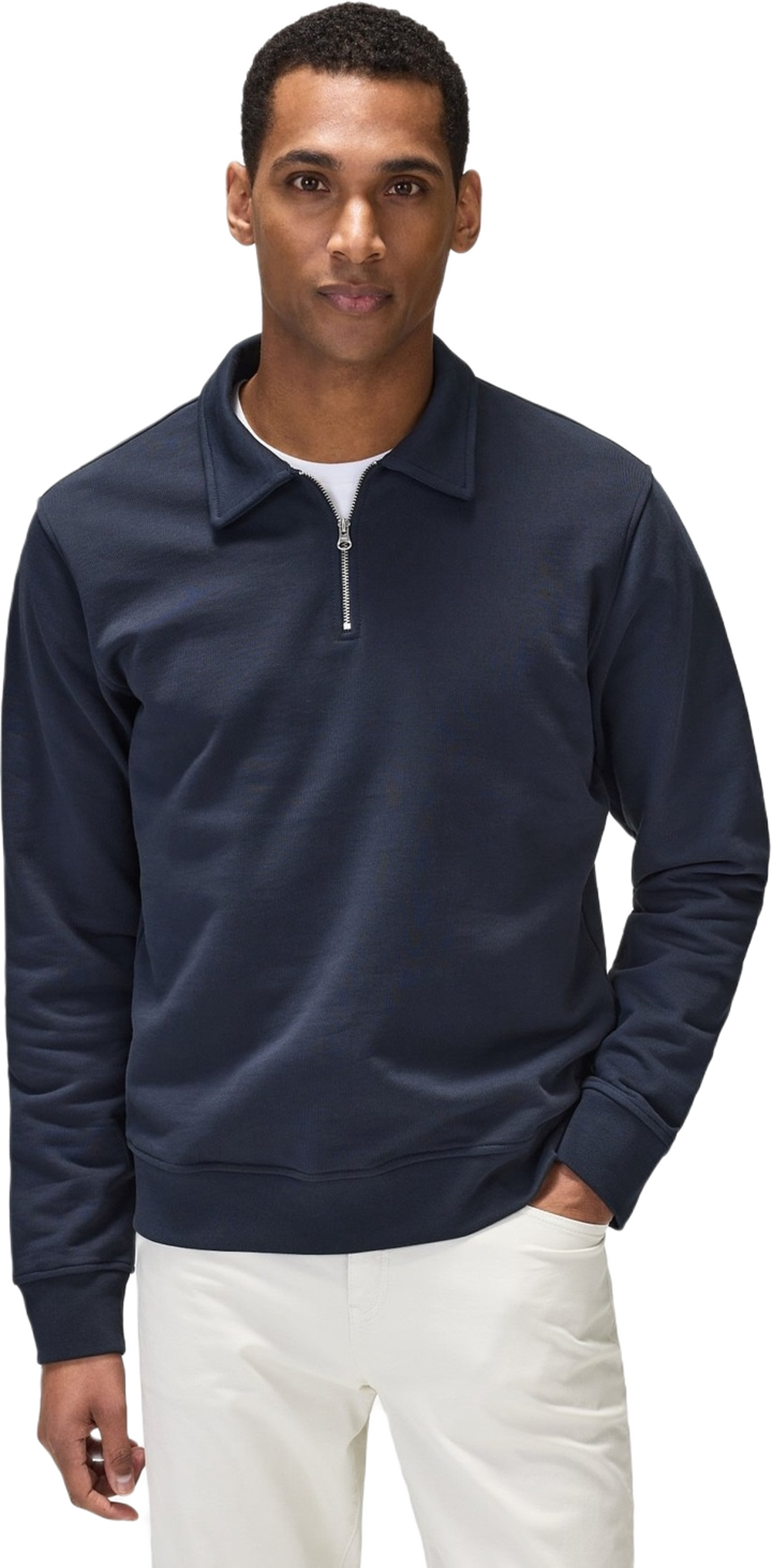 Cotton L/s Jersey Polo Collar Sweater W/ Zip