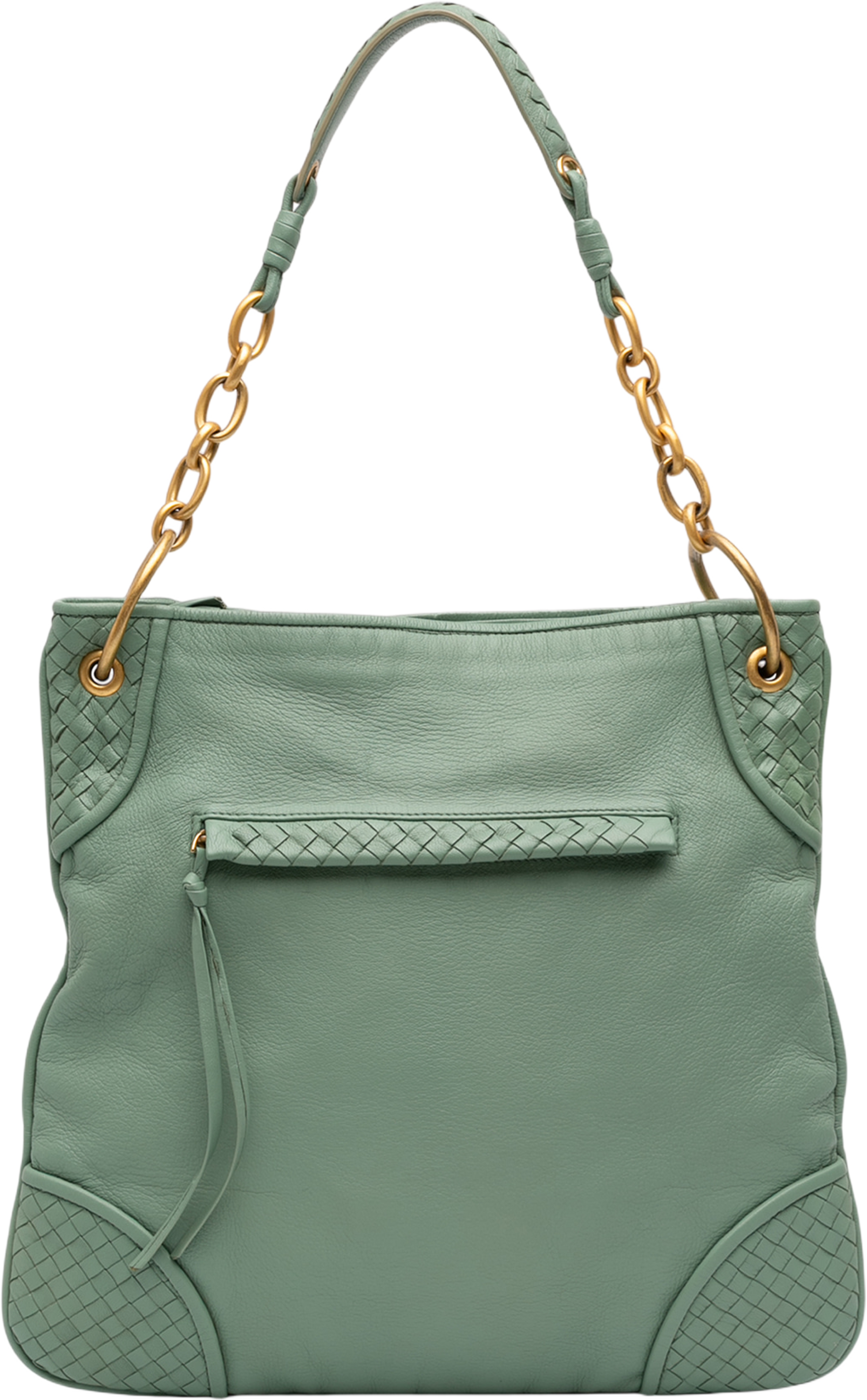 Bottega Veneta Intrecciato Trimmed Leather Shoulder Bag, från Luxclusif, i färgen mint. Klicka för att öppna bilden i stort format