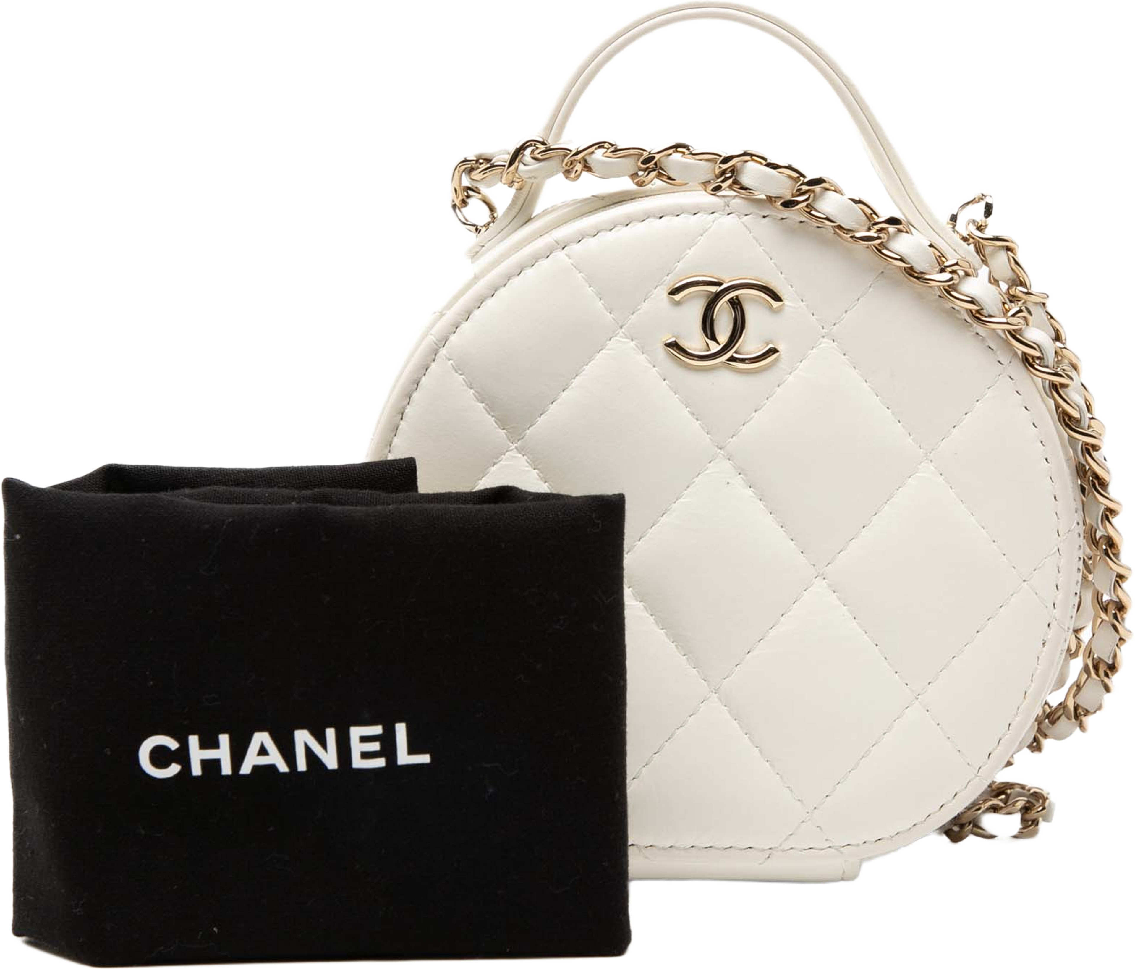 Chanel Quilted Lambskin Handle With Care Round Vanity Case With Chain, från Luxclusif, i färgen ivory. Klicka för att öppna bilden i stort format