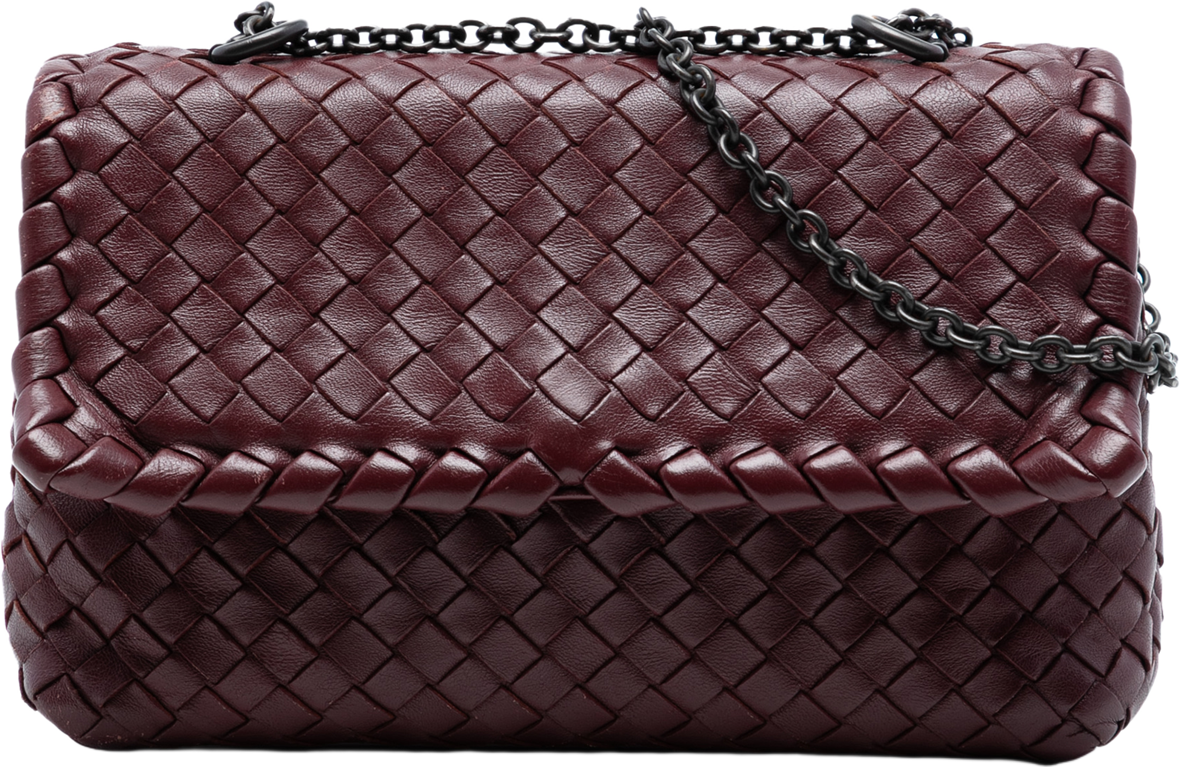 Bottega Veneta Baby Nappa Intrecciato Olimpia Crossbody, från Luxclusif, i färgen bordeaux. Klicka för att öppna bilden i stort format