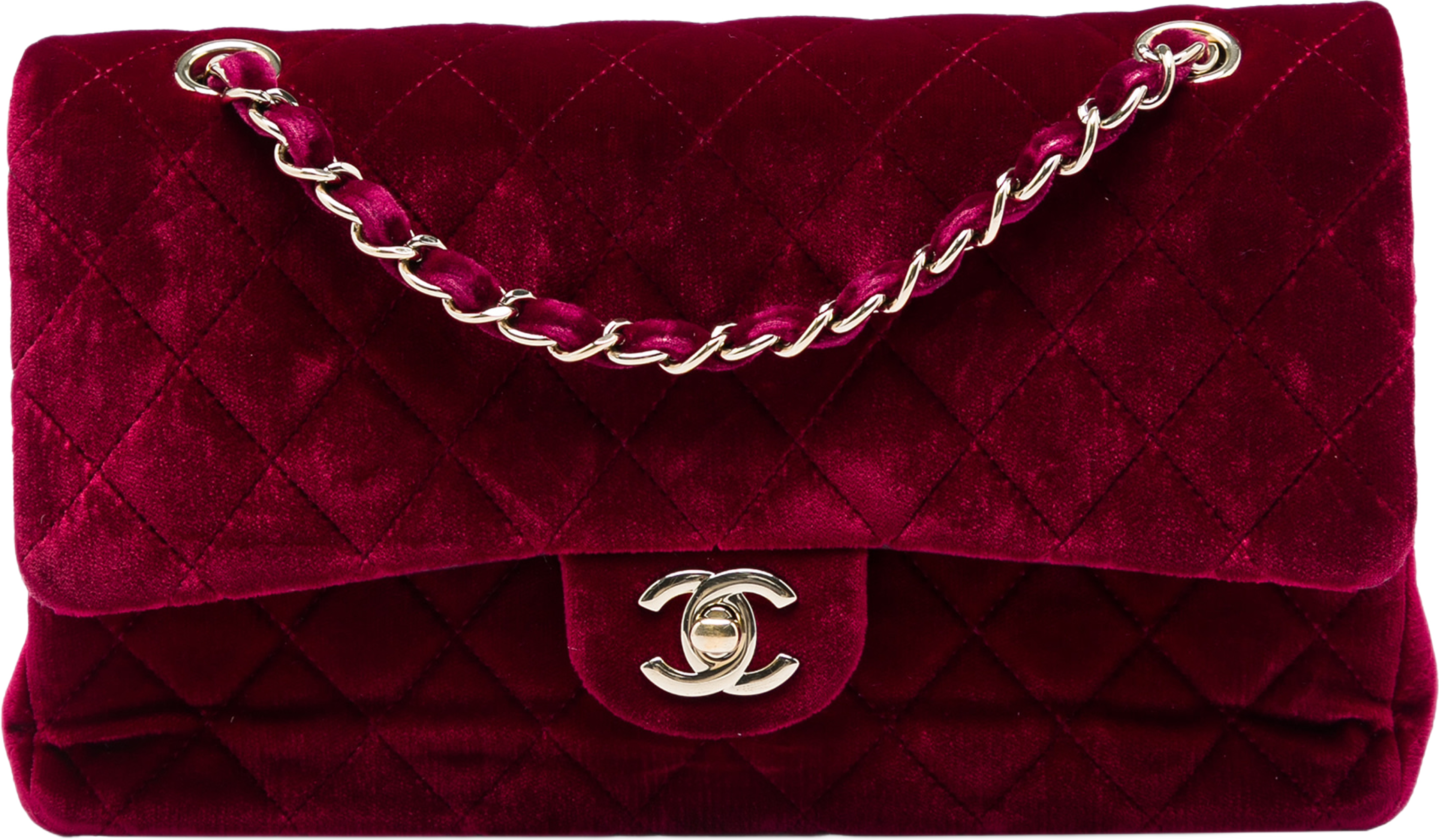 Chanel Medium Classic Velvet Double Flap, från Luxclusif, i färgen röd. Klicka för att öppna bilden i stort format