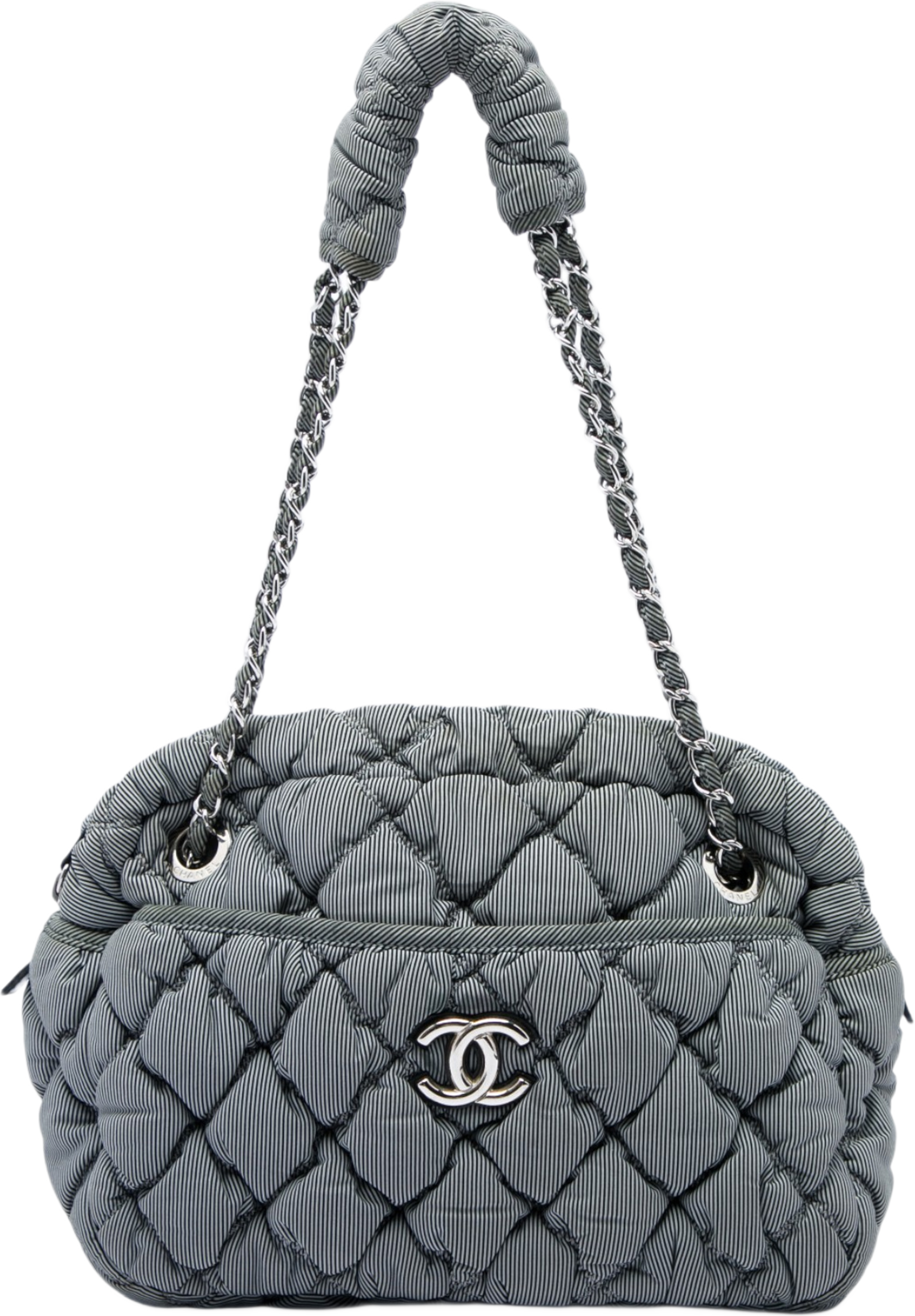 Chanel Quilted Striped Nylon Bubble Shoulder Bag, från Luxclusif, i färgen grå. Klicka för att öppna bilden i stort format