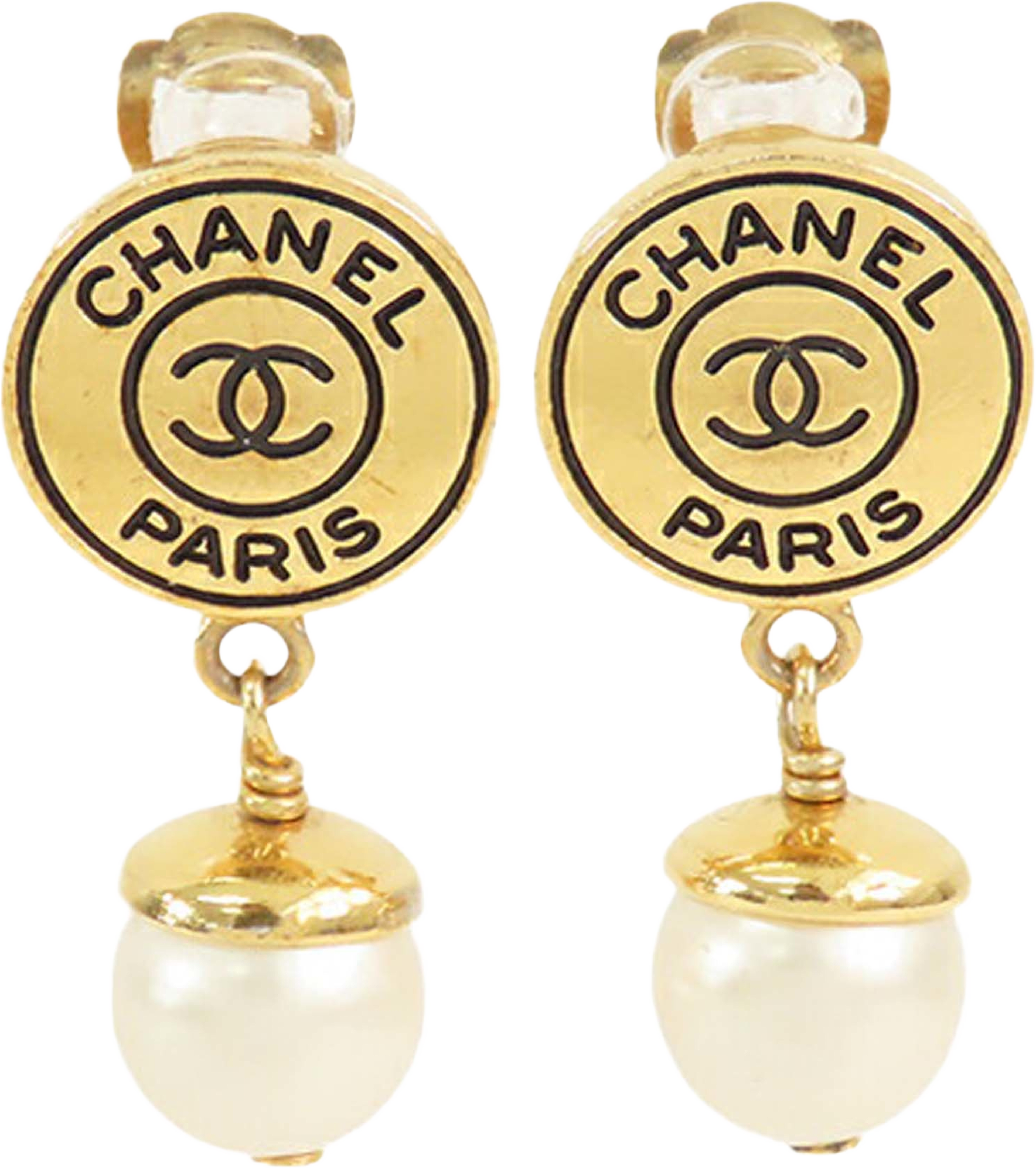 Chanel Gold Plated Faux Pearl Logo Clip On Drop Earrings