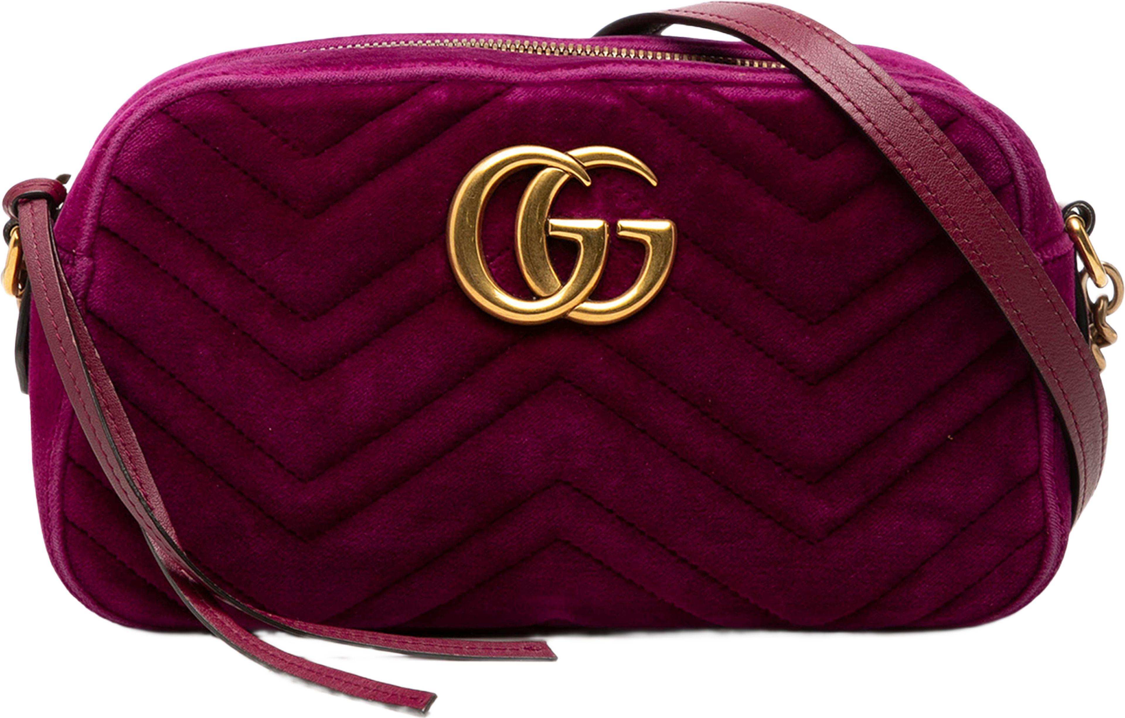 Gucci Small Gg Marmont Matelasse Velvet Crossbody, från Luxclusif, i färgen purpur. Klicka för att öppna bilden i stort format