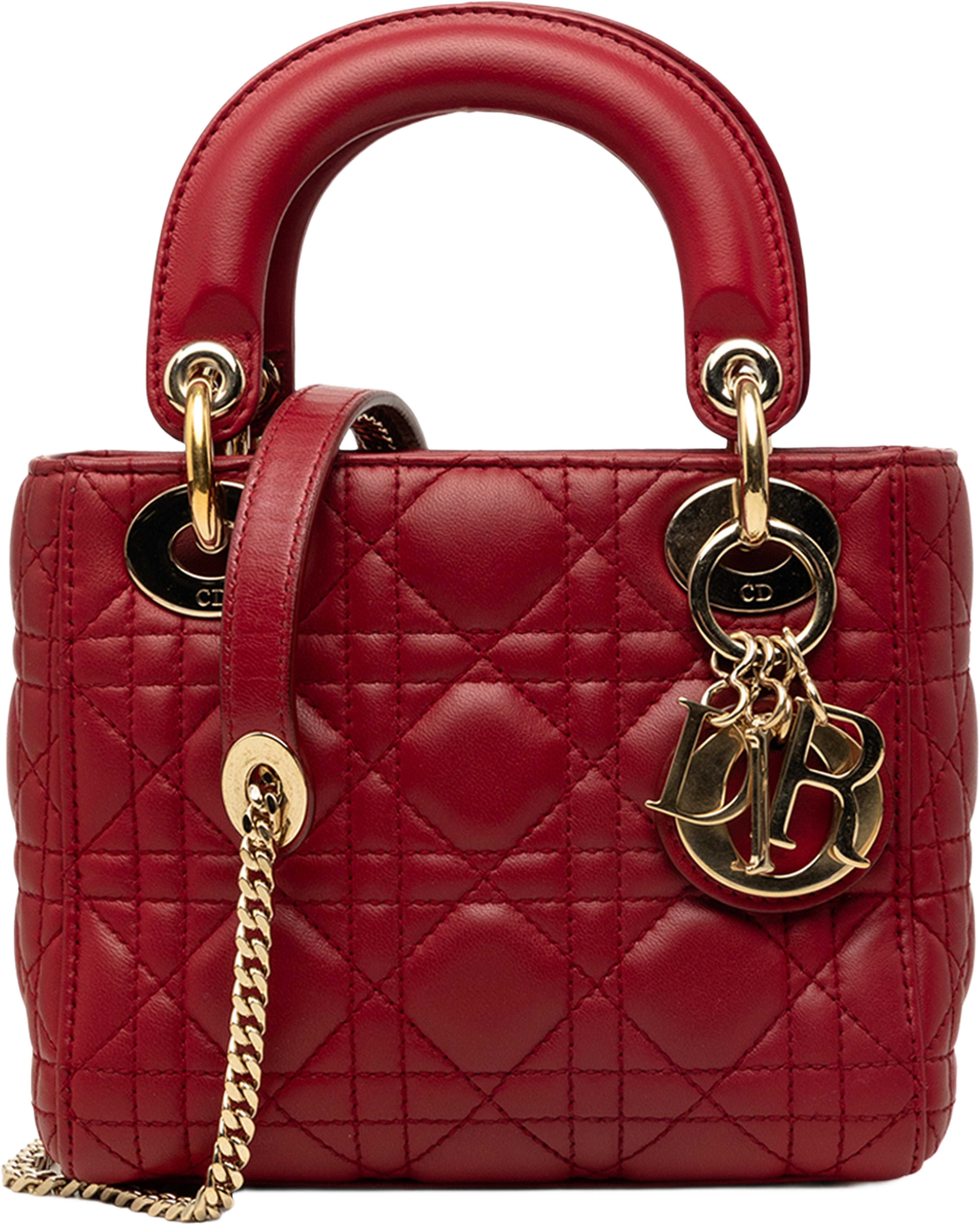Dior Mini Lambskin Cannage Lady Dior, från Luxclusif, i färgen röd. Klicka för att öppna bilden i stort format