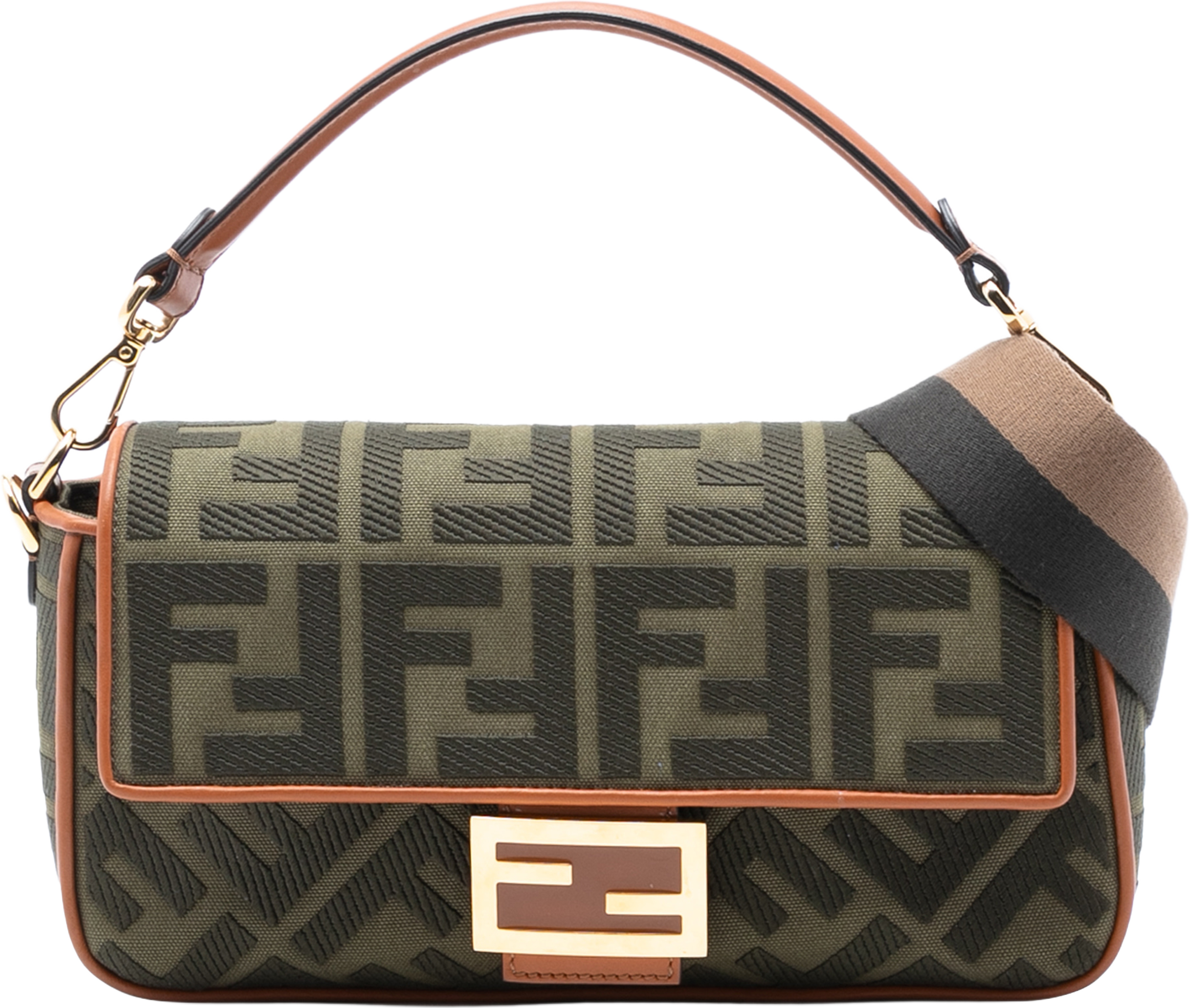 Fendi Zucca Embroidered Canvas Baguette Satchel, från Luxclusif, i färgen khaki. Klicka för att öppna bilden i stort format